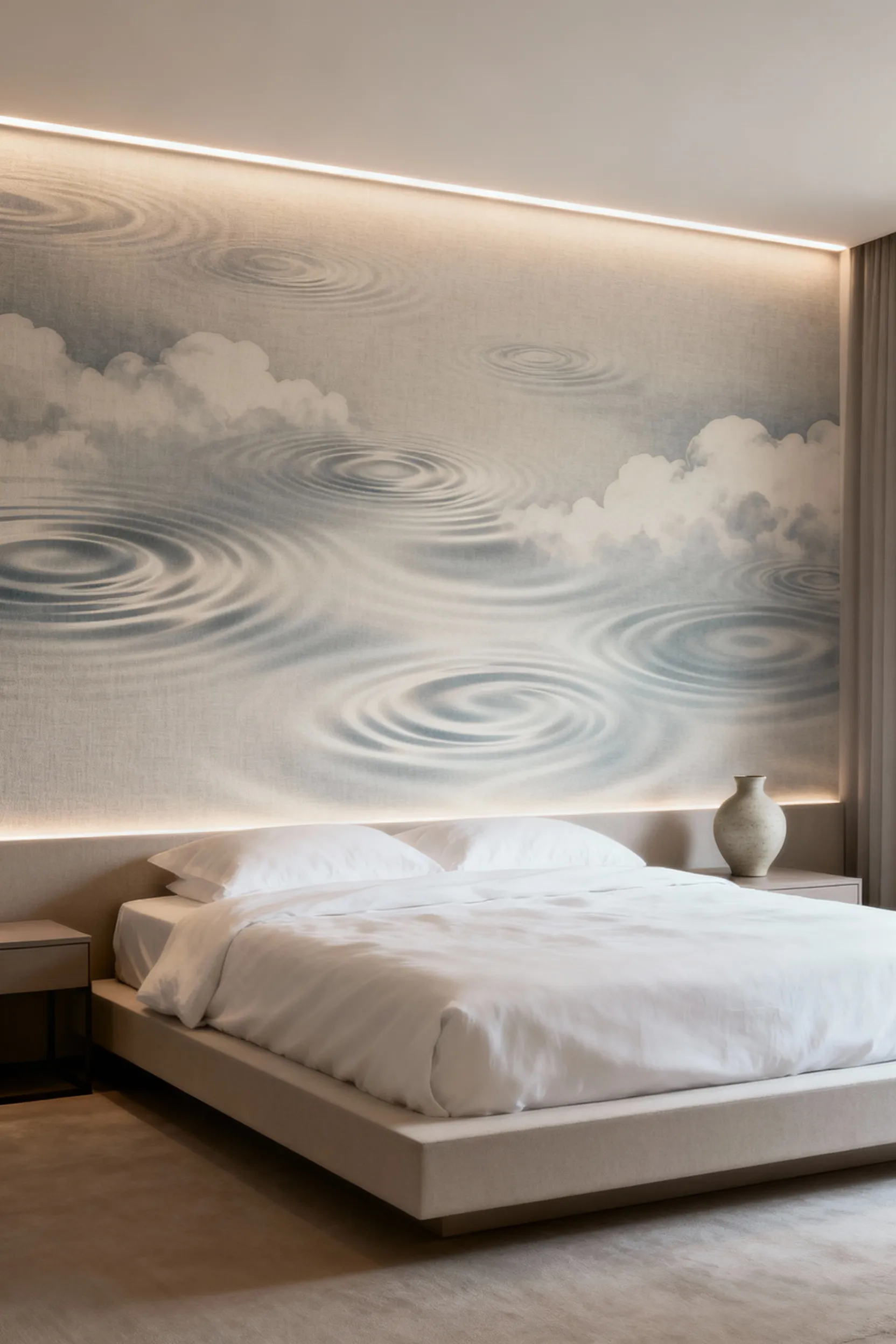 Modern bedroom interior featuring a textured accent wall with wallpaper displaying subtle iterative biomorphic patterns designed to foster experiential calm and serenity. Soft, indirect lighting highlights the depth and texture. No people.