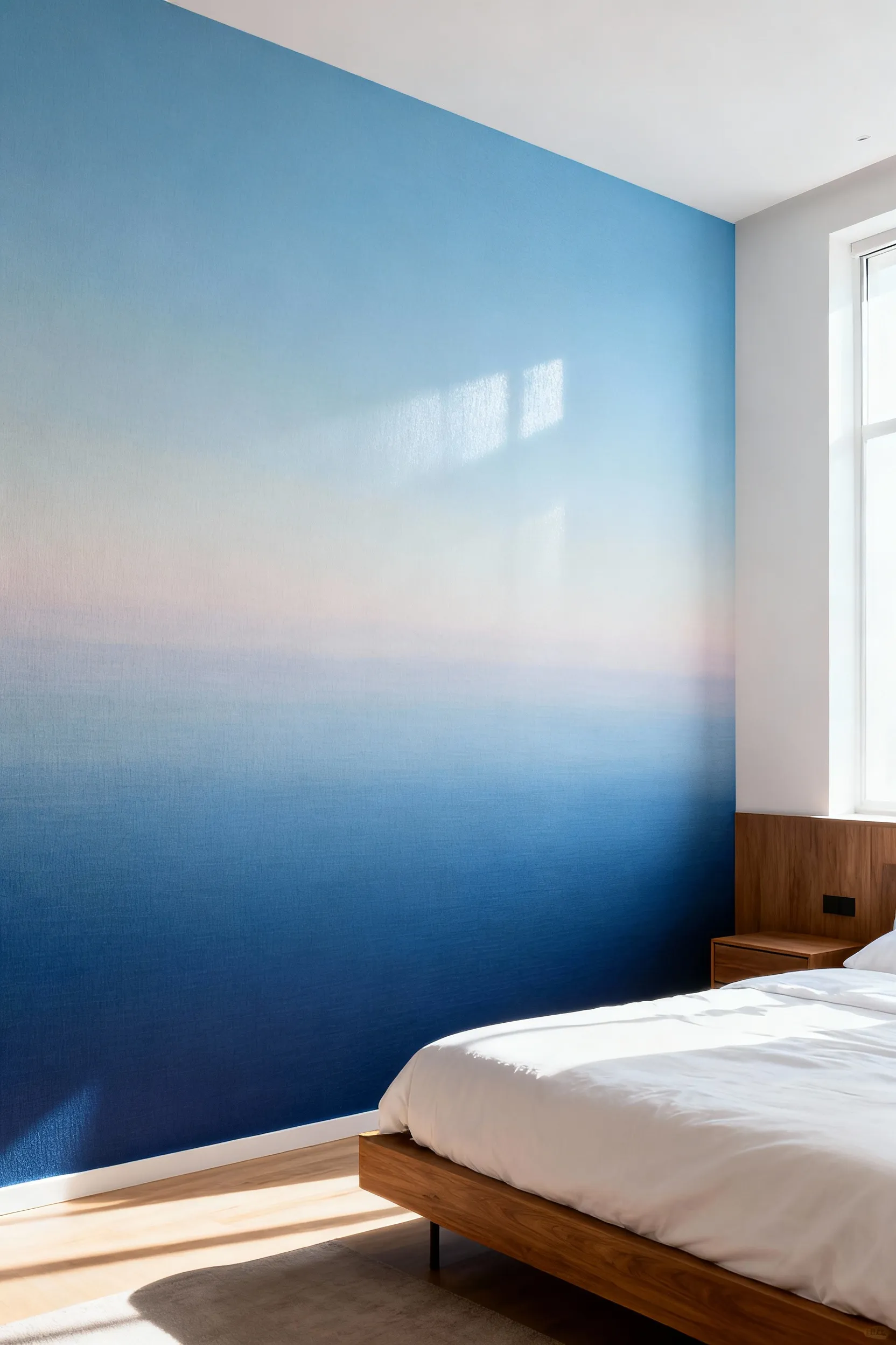 Modern bedroom featuring a floor-to-ceiling wallpaper with a smooth tonal gradient from deep indigo to light sky blue, enhancing perceived spatial depth and serenity.