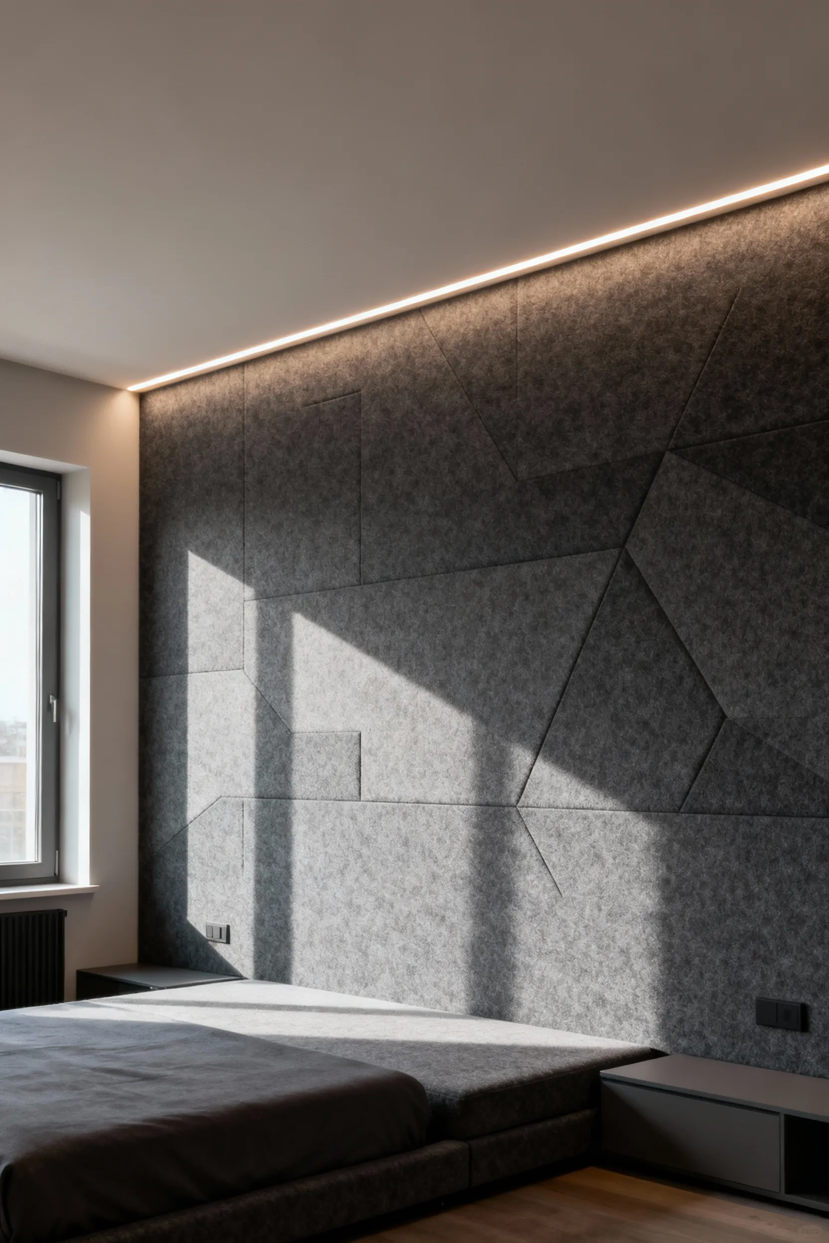 Modern bedroom with acoustic felt wallcovering in charcoal grey, offering sound absorption and a serene aesthetic.