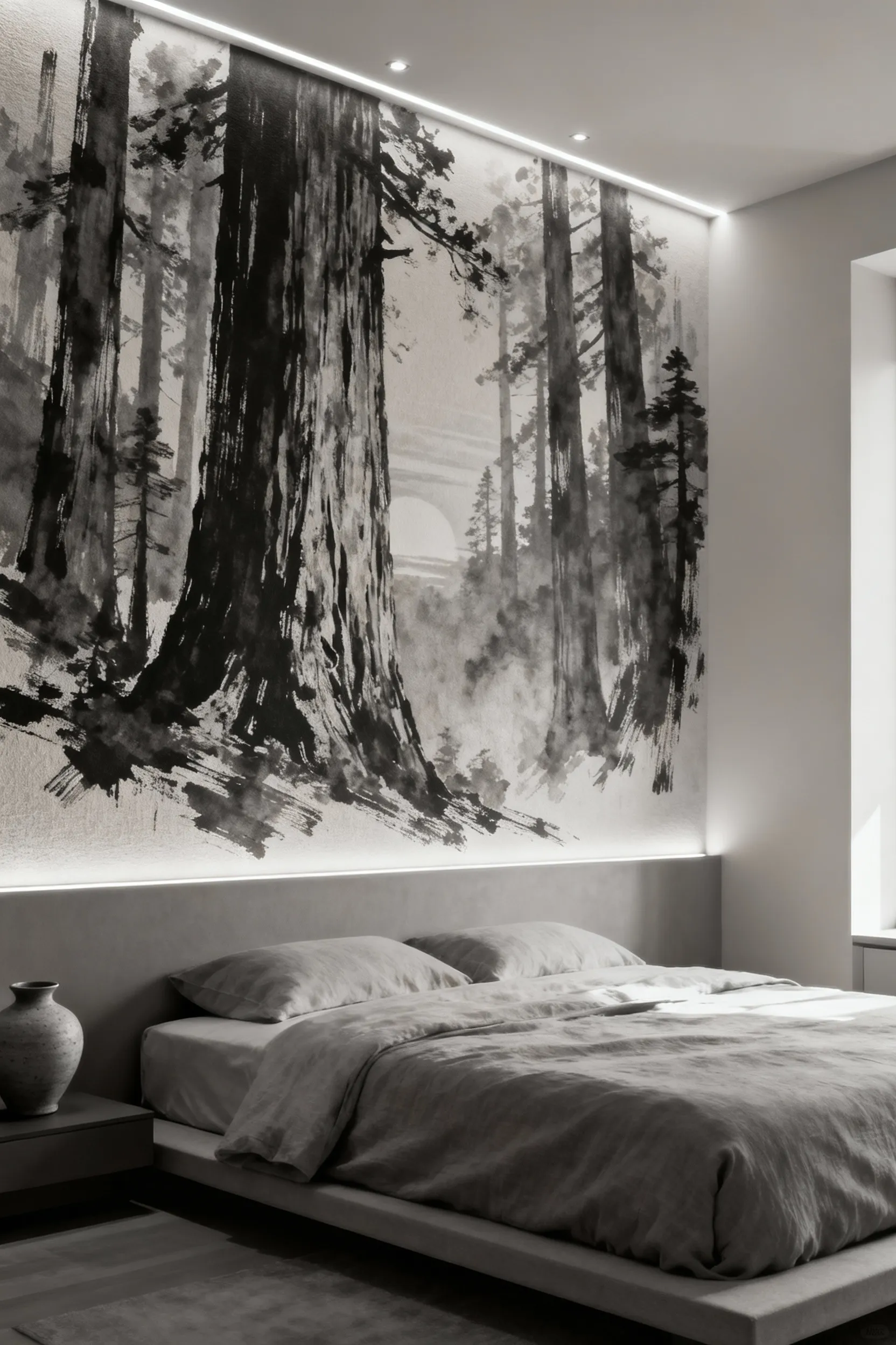 Modern bedroom with a large-scale, monochromatic redwood forest mural on an accent wall, designed for immersive calm and visual depth.