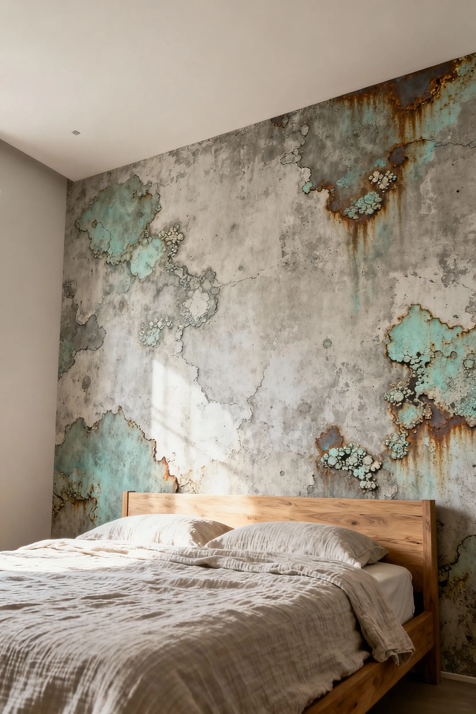Modern bedroom with Wabi-Sabi inspired wallpaper, featuring patinated concrete texture and natural mineral efflorescence, fostering a serene atmosphere.