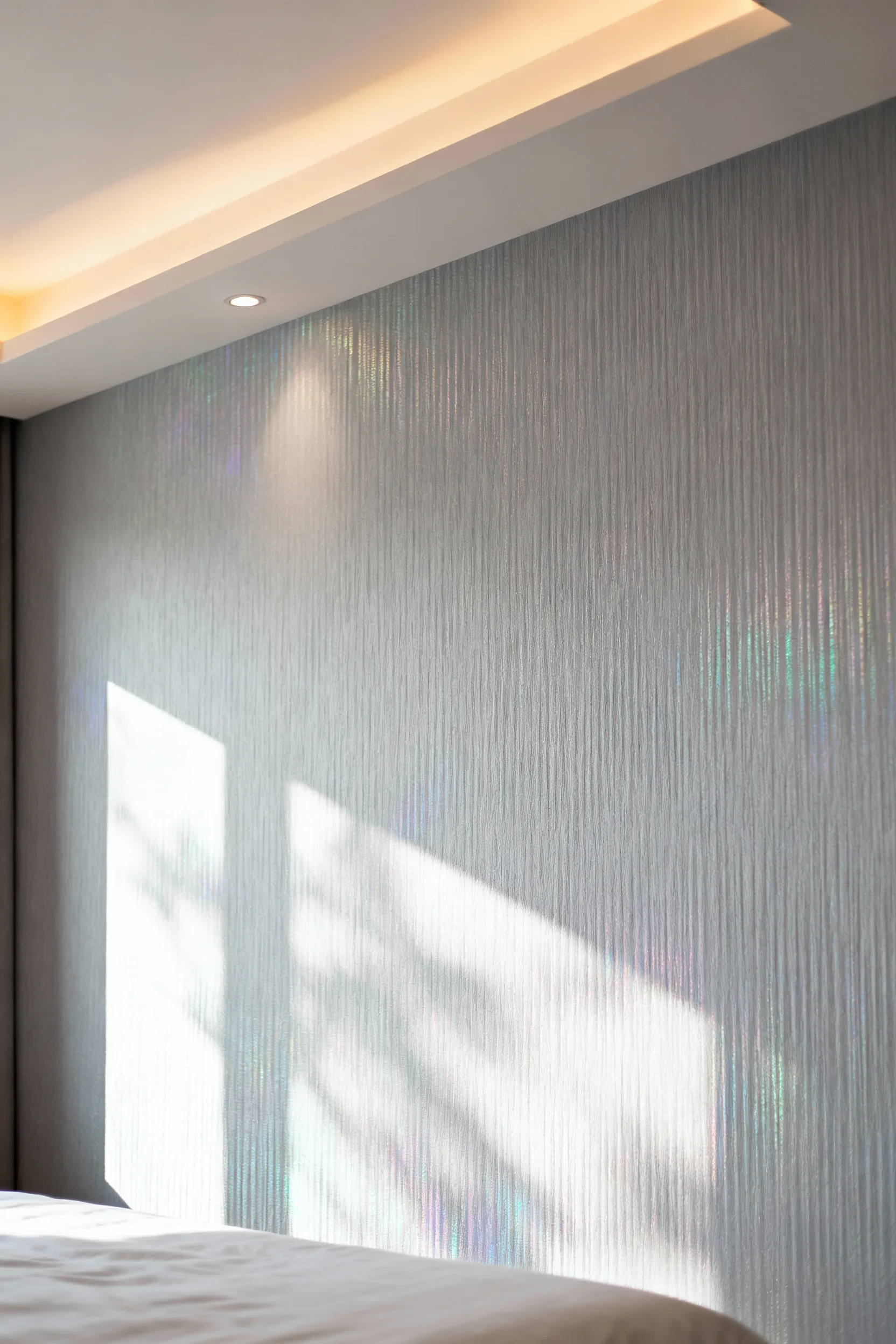 Modern bedroom wall with finely ridged, iridescent micro-textured wallpaper. Soft natural light highlights the reflective properties, creating visual depth and a serene ambiance.