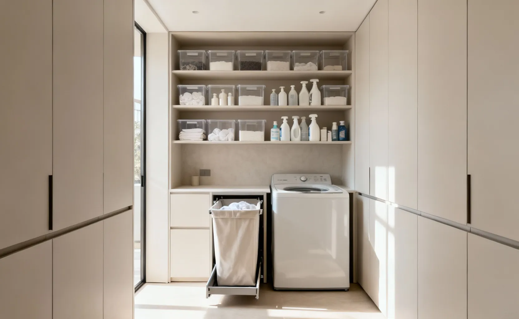 A pristine, decluttered laundry room with sleek, integrated custom cabinetry, pull-out hampers, and meticulously organized laundry supplies, showcasing an optimized workflow and serene aesthetic under soft natural light.