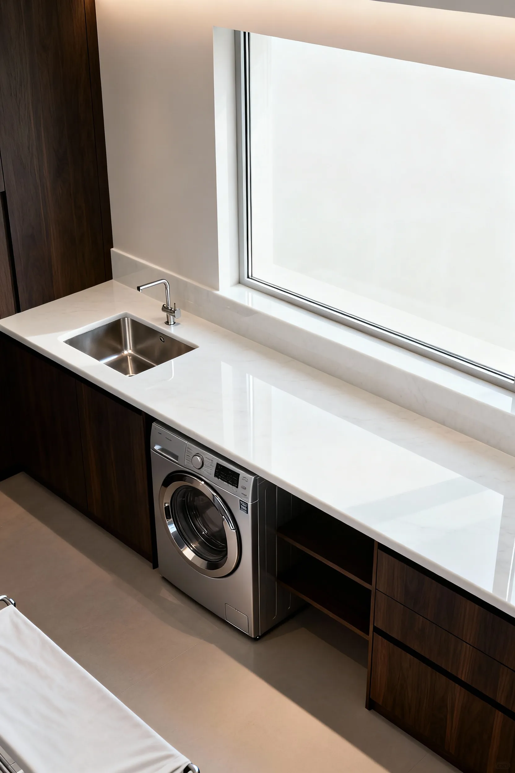 Luxurious L-shaped white quartz bespoke countertop in a modern laundry room, integrated with a recessed sink and providing ample folding space above a stackable washer and dryer.