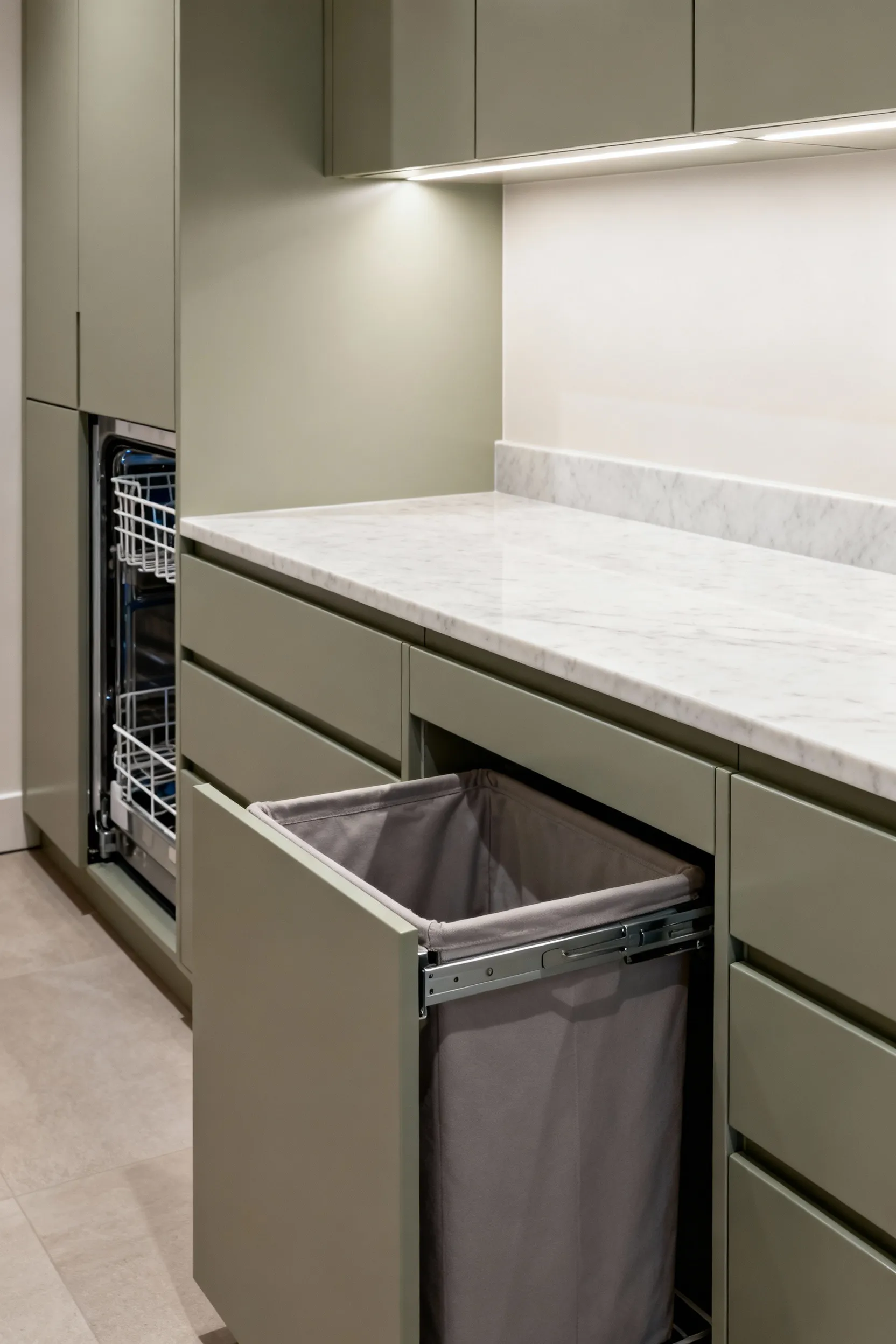 Custom built-in cabinetry with high-end finishes in a luxurious laundry room, featuring integrated storage and seamless design.