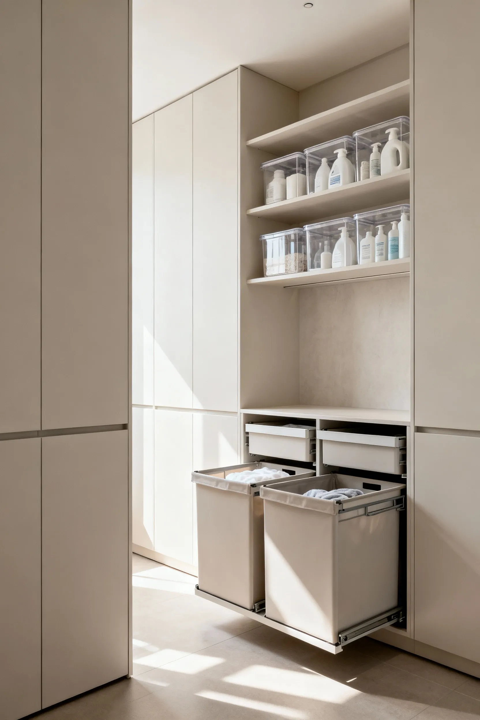 A pristine, decluttered laundry room with sleek, integrated custom cabinetry, pull-out hampers, and meticulously organized laundry supplies, showcasing an optimized workflow and serene aesthetic under soft natural light.