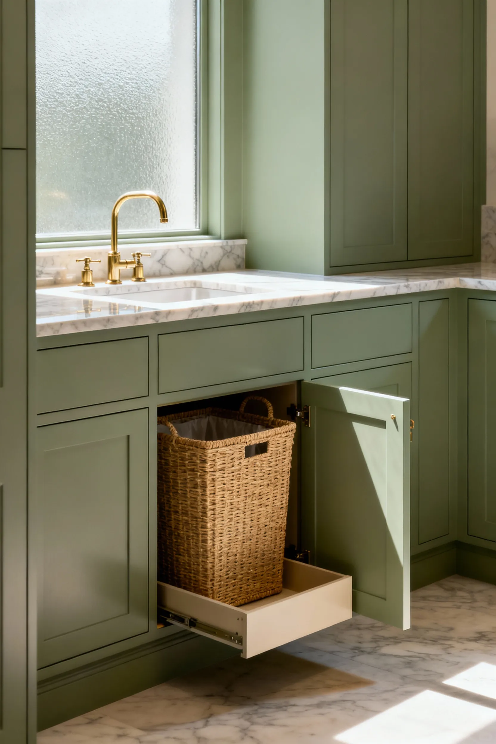 Portrait view of a modern laundry room featuring built-in, concealed hamper cabinetry in sage green, with a pull-out woven hamper and sleek design, emphasizing smart laundry solutions.