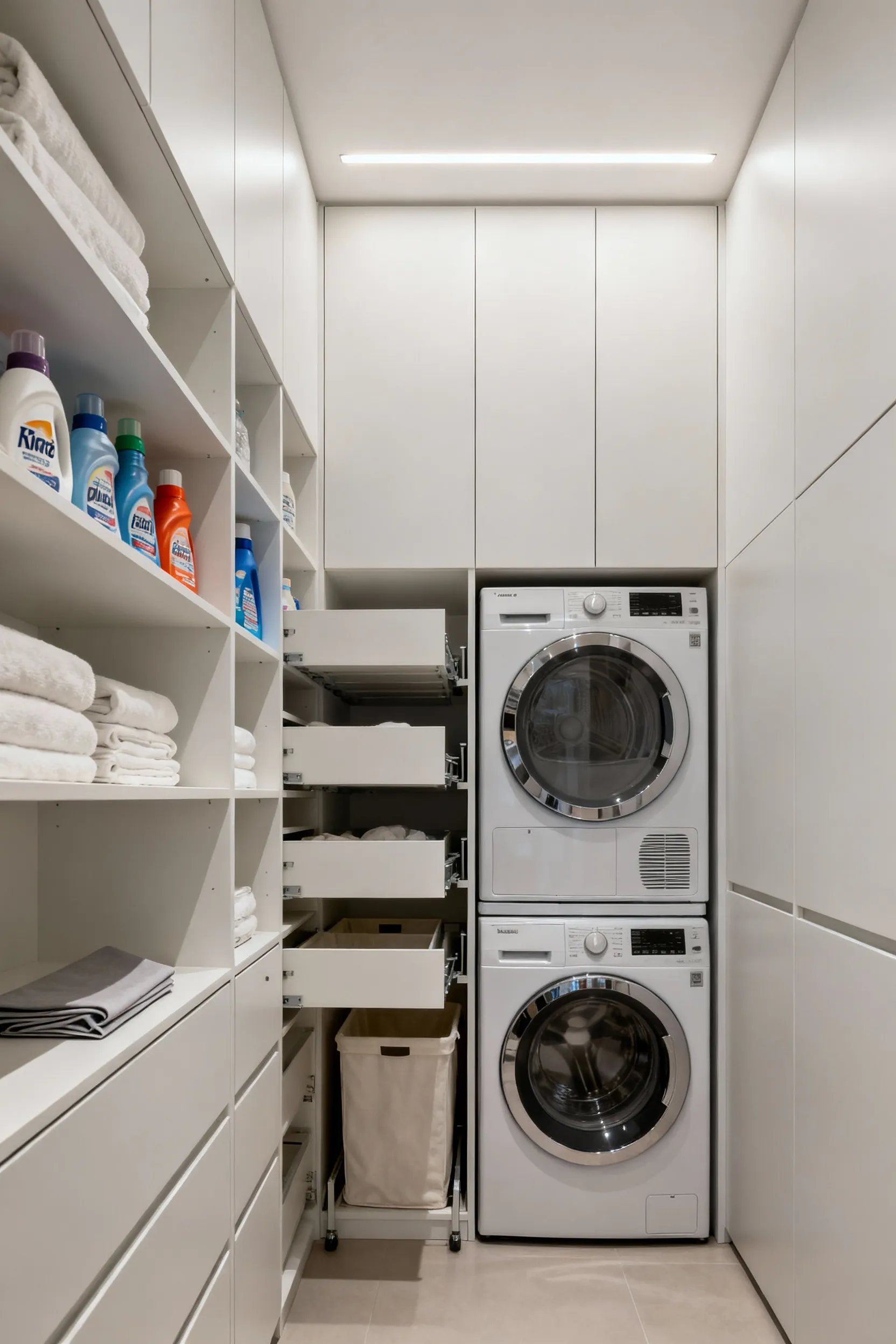 Modern laundry room featuring sleek, floor-to-ceiling integrated vertical storage, custom white cabinetry, a hidden pull-out hamper, and an elegant built-in folding counter.