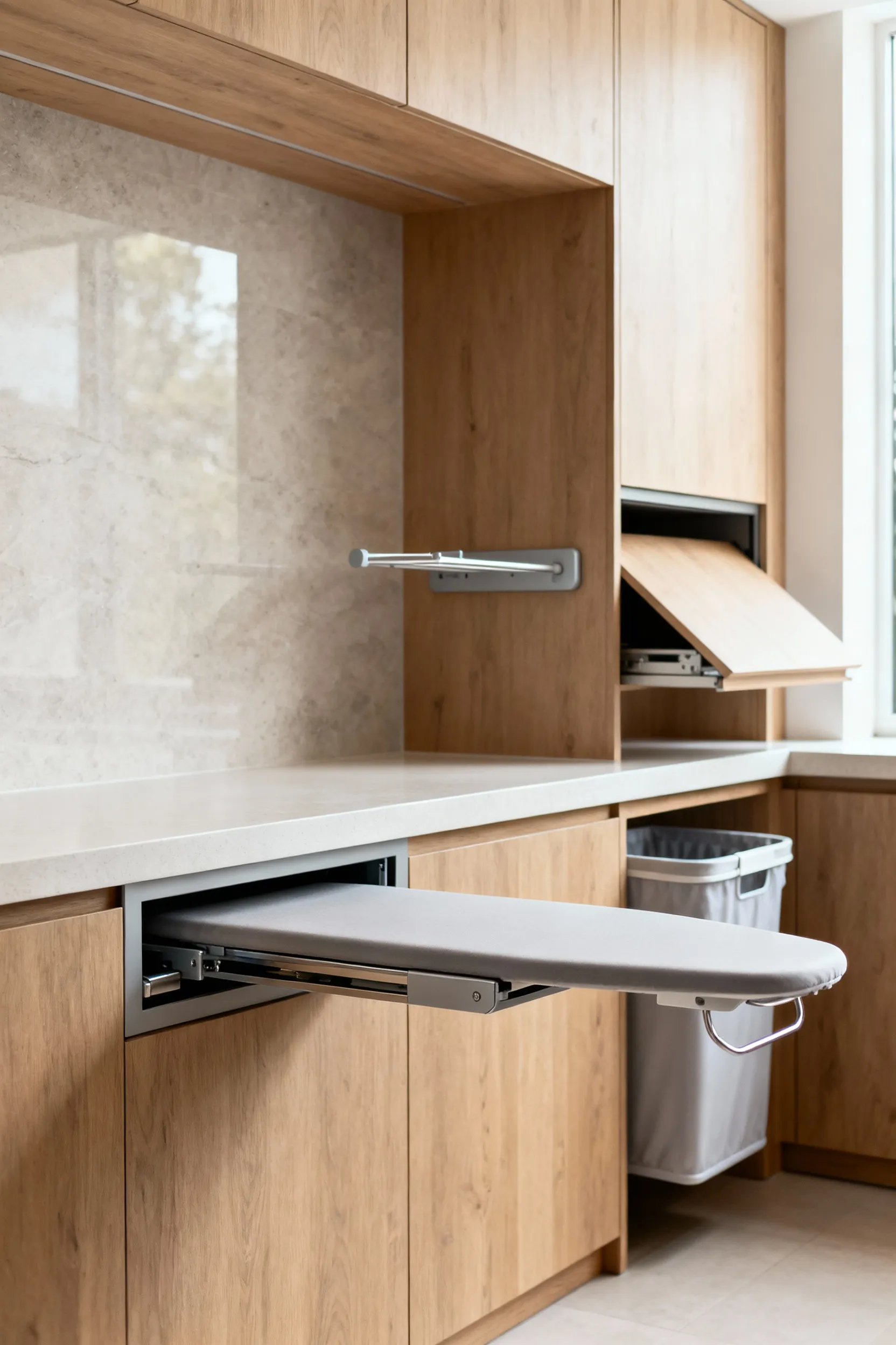 A modern laundry room featuring an extended pull-out ironing board, a discreet wall-mounted adjustable drying rack, and an integrated tilt-out hamper, all designed for ergonomic efficiency.