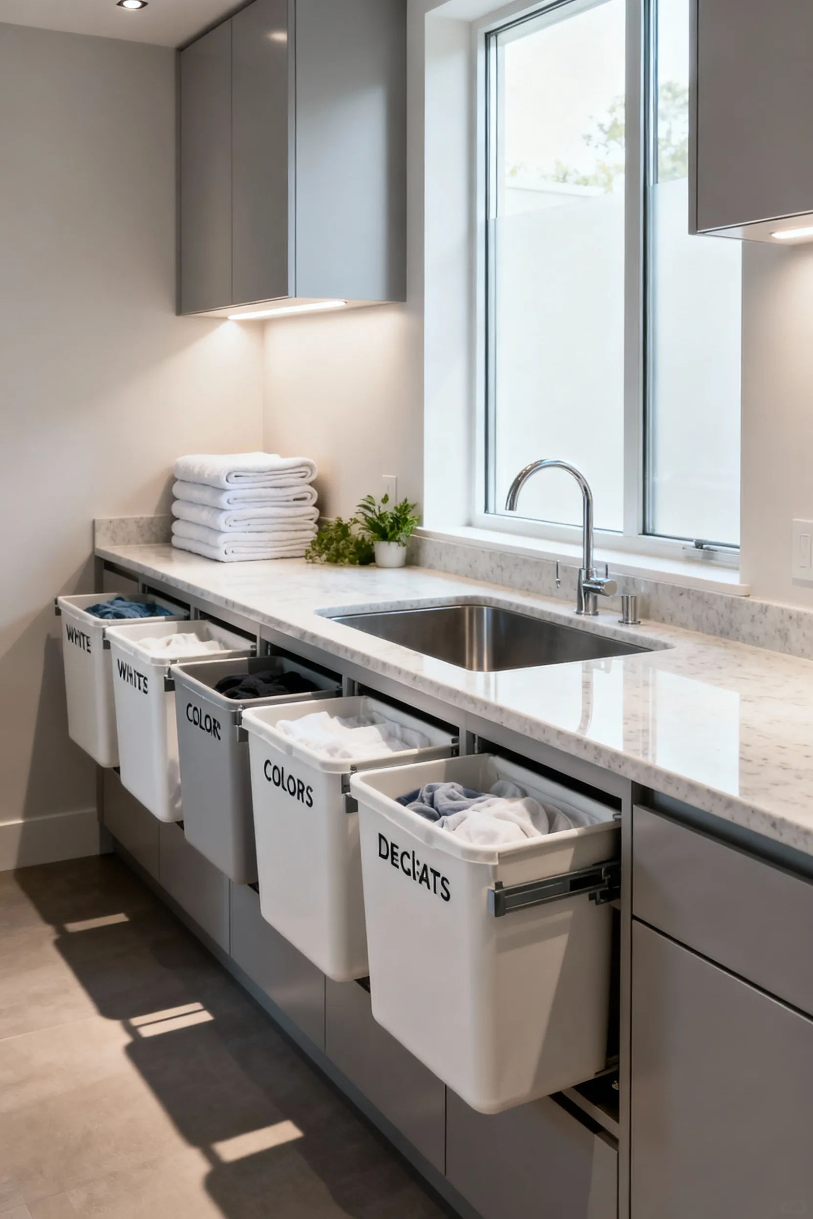 Modern laundry room with built-in custom cabinetry, pull-out sorting hampers, and an integrated utility sink on a quartz countertop, showcasing efficient fabric care organization.