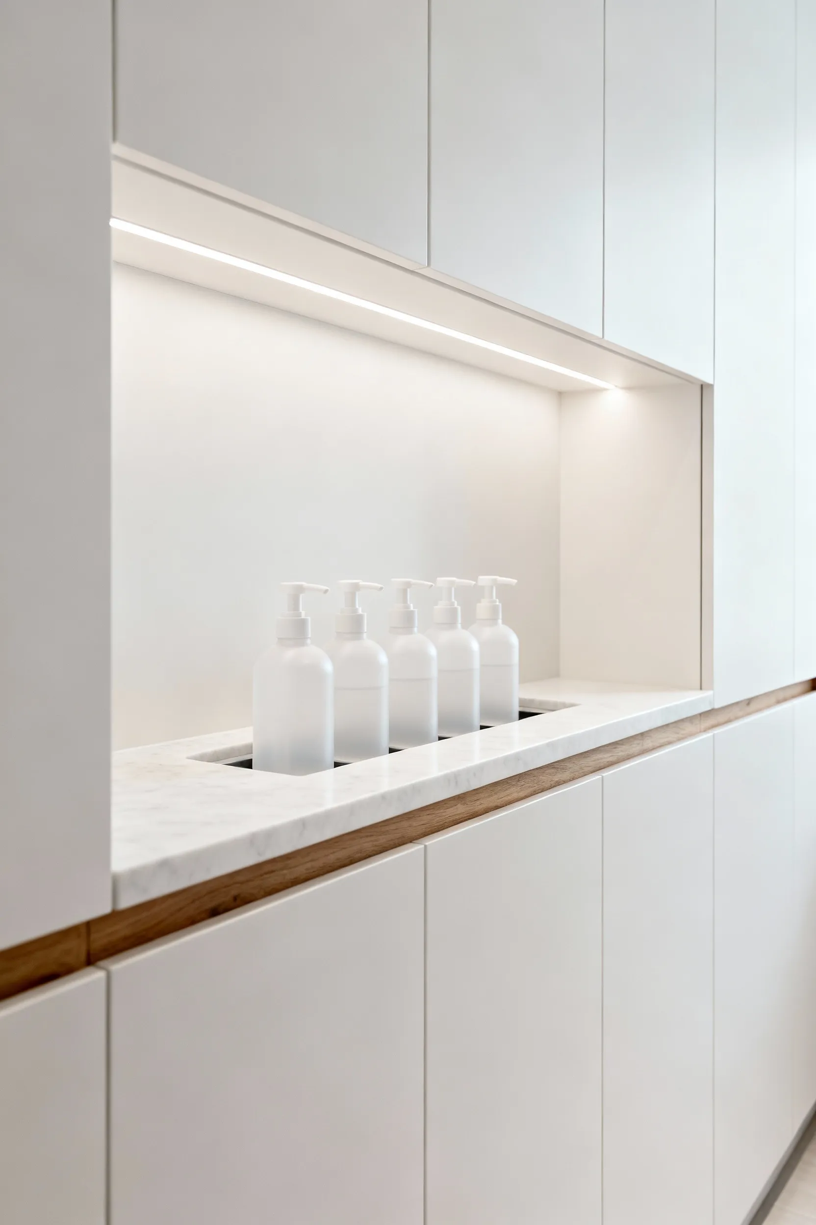 Modern laundry room with integrated detergent dispensing system, custom cabinetry, and sleek pump bottles for a clean and efficient look.