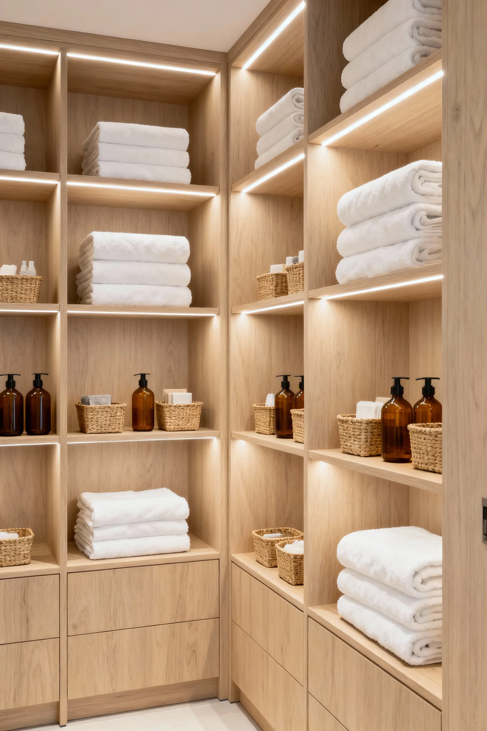 Modern laundry room with light wood open shelving, illuminated by under-shelf LED lighting, showcasing neatly arranged white towels, amber soap dispensers, and woven storage baskets.