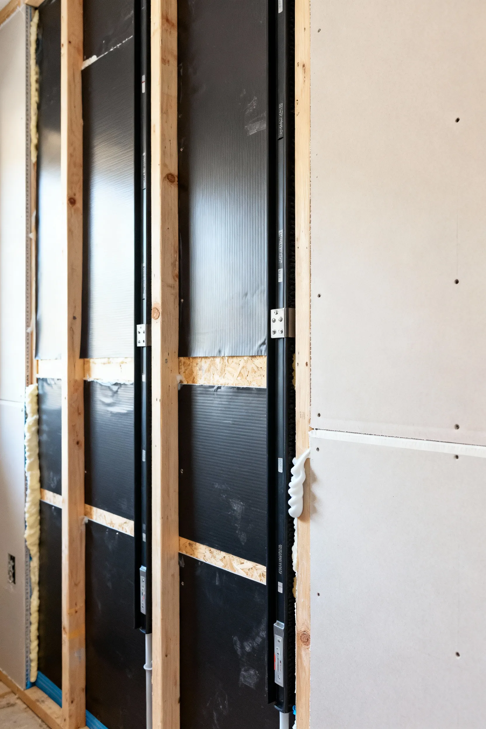 Partially constructed laundry room wall showing layers of sound dampening, including mass-loaded vinyl and resilient channels, designed for quiet operation.