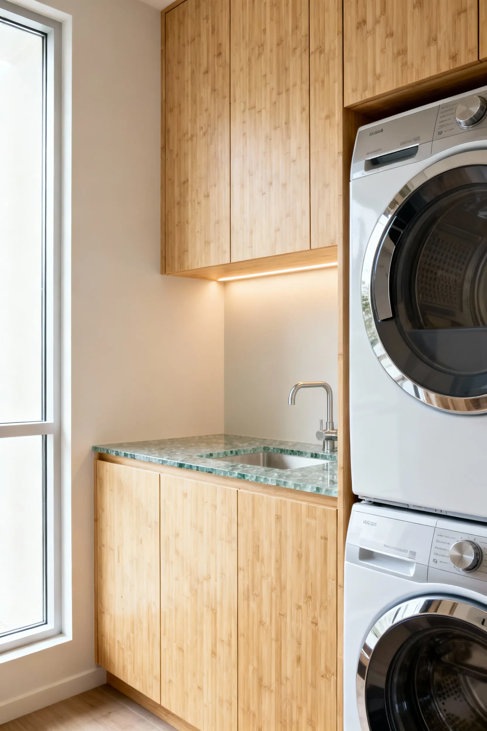 Eco-conscious laundry room featuring sustainable materials like bamboo cabinetry, recycled glass countertops, and high-efficiency appliances bathed in natural light, showcasing responsible design practices.