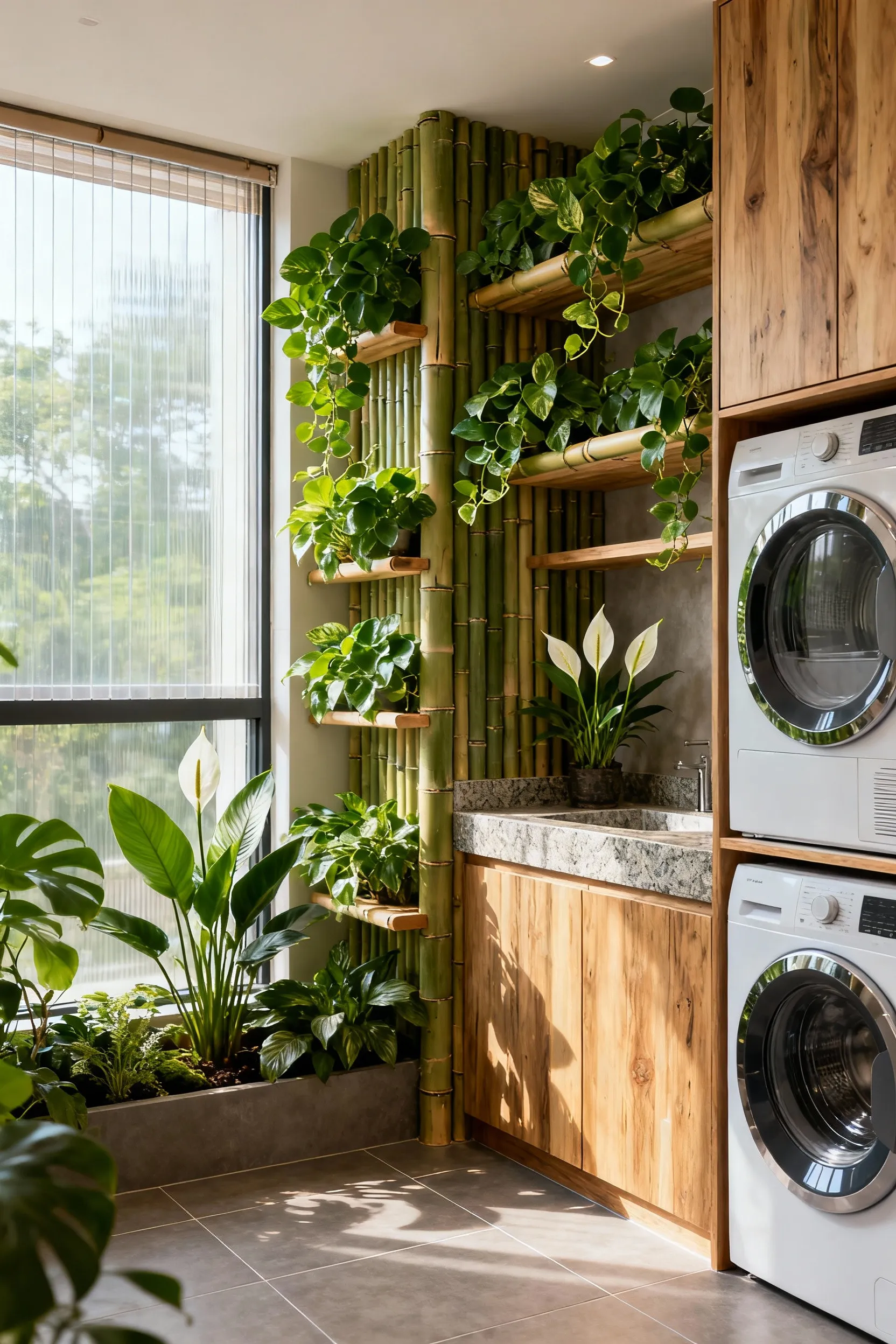Biophilic laundry room featuring vertical plant shelves, natural wood cabinetry, stone countertops, and soft natural light, promoting a sense of well-being.