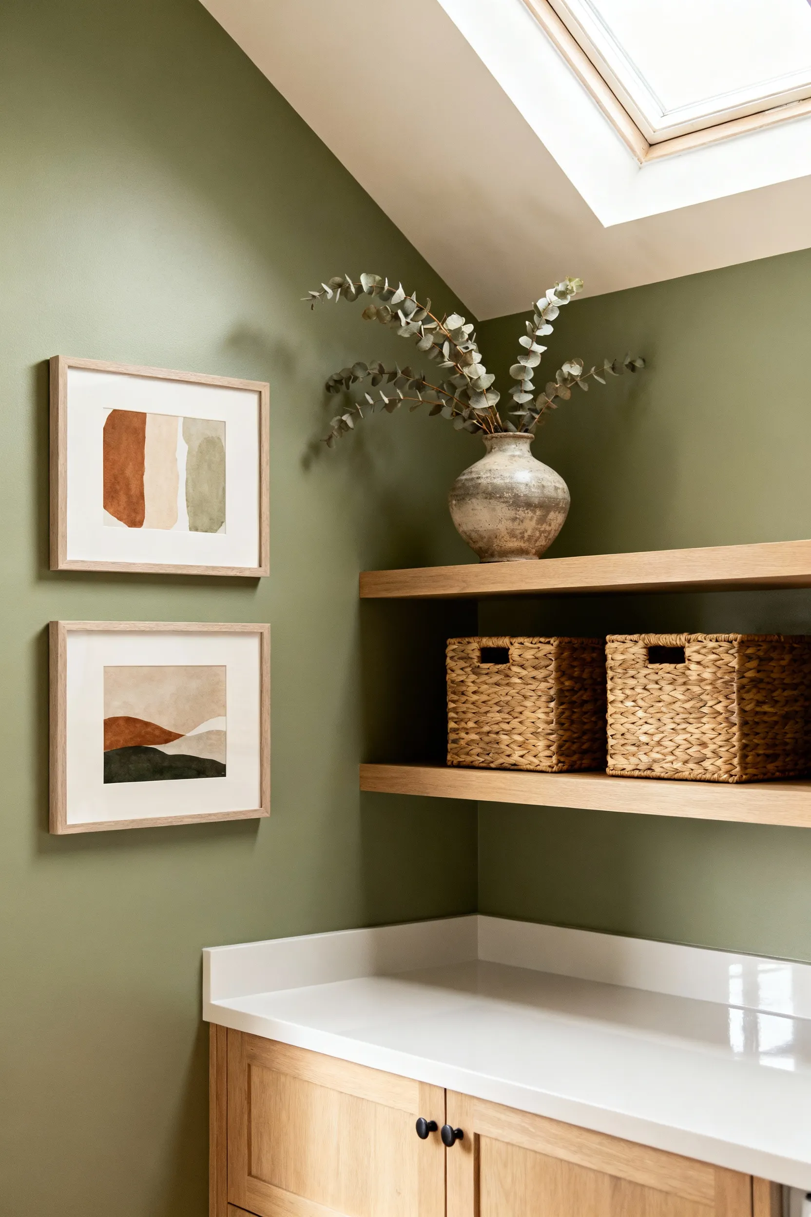 Elegant laundry room with modern farmhouse design, featuring strategic moisture-resistant framed abstract wall art, decorative woven baskets, and a ceramic vase with eucalyptus on open shelving above a counter.