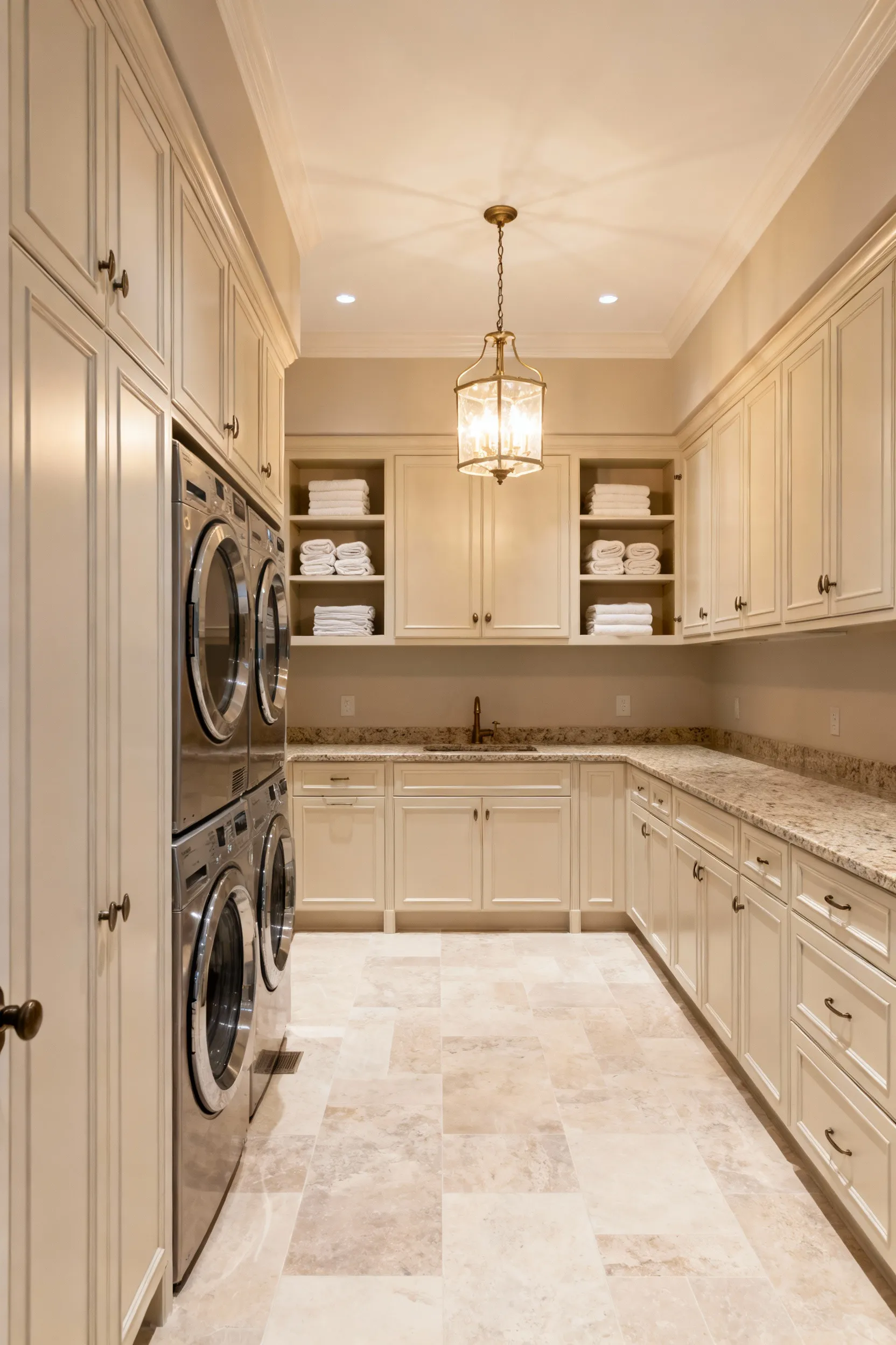 Elegant laundry room with cohesive thematic design, custom light-toned cabinetry, integrated shelving, quartz countertop, and large format porcelain tiles.