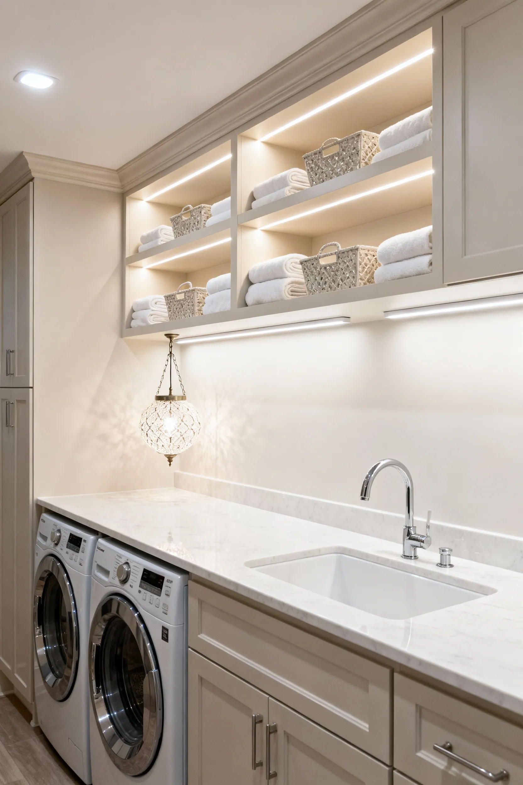 Modern laundry room interior with layered lighting including recessed ceiling lights, under-cabinet task lighting, and accent LED strips on shelving, illustrating strategic illumination for efficiency.