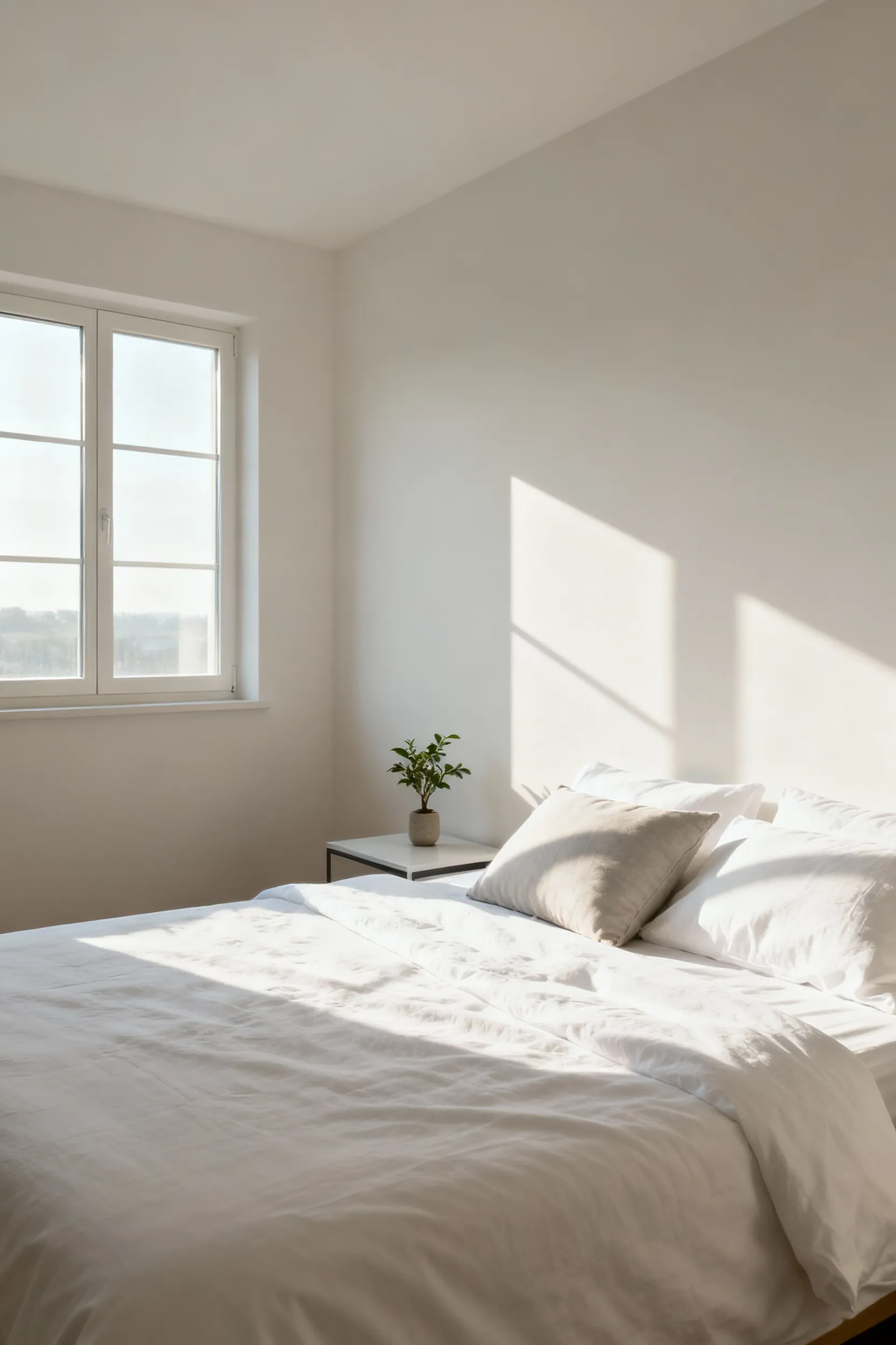 A serene, minimalist bedroom with clean lines and decluttered surfaces, illuminated by soft natural light. Represents the calm achieved through bedroom decluttering.