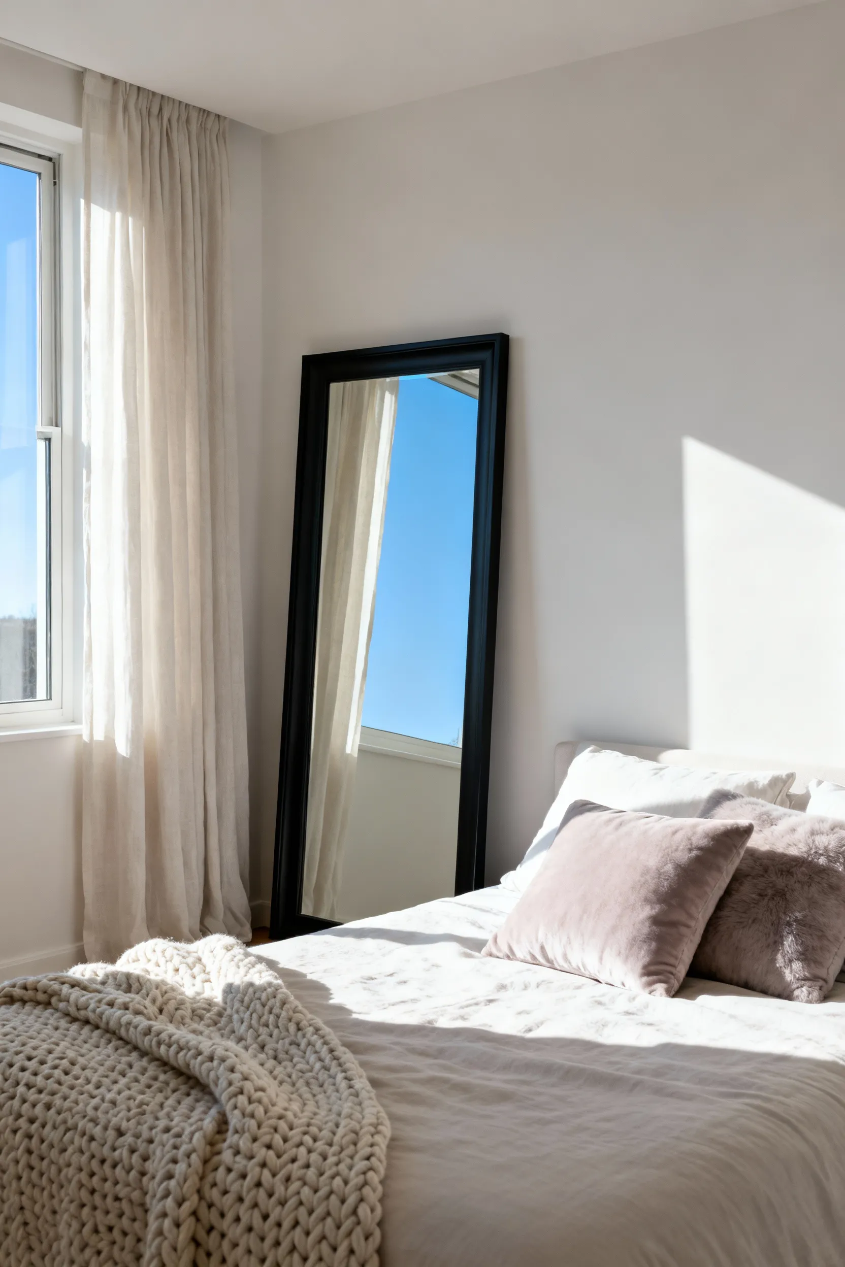 A bright bedroom featuring a large floor mirror placed opposite a window, reflecting light and soft linen curtains, making the room appear much larger and full of natural light.