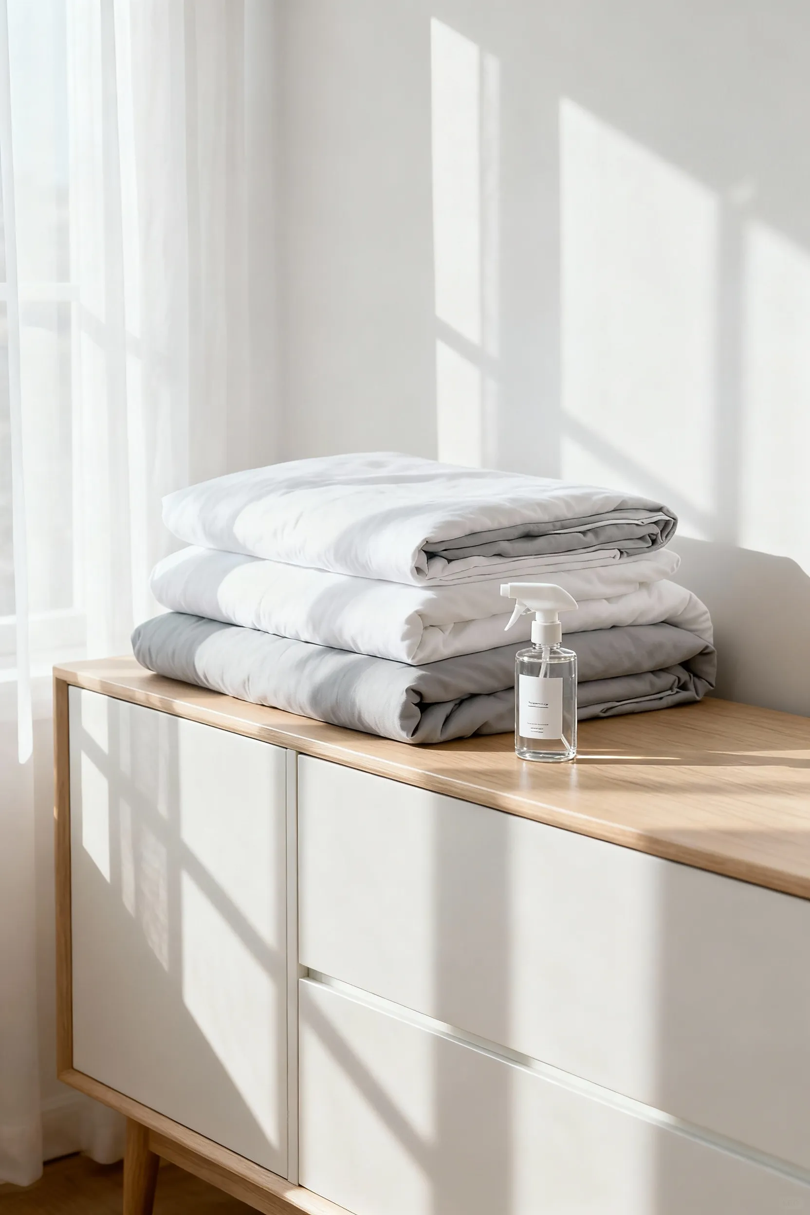A neatly arranged pile of fresh, clean bedroom linens with a fabric refresher spray on a dresser in a serene bedroom, symbolizing personalized textile care and maintenance rituals for an elevated space.