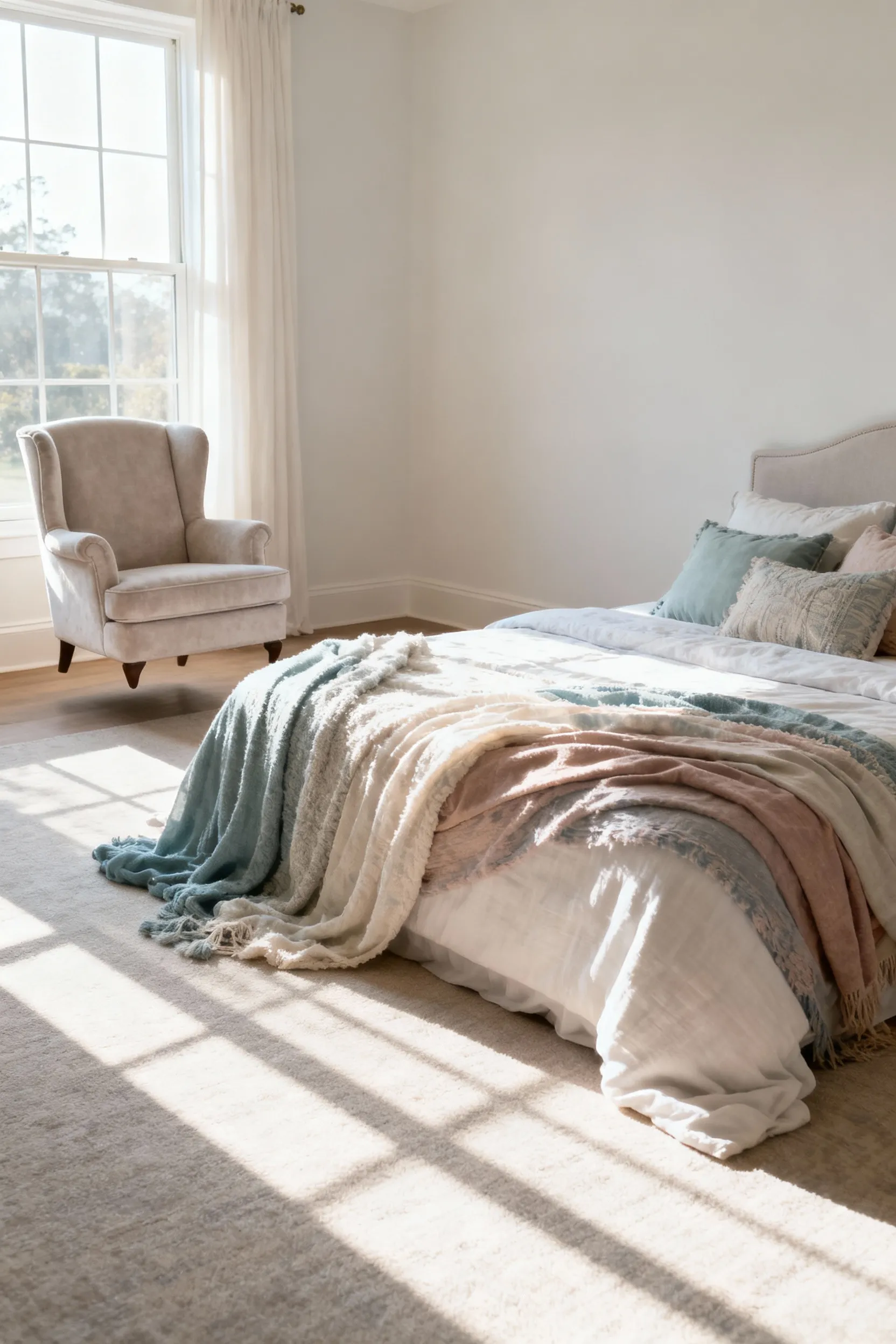 Beautifully rearranged bedroom layout maximizing natural light and creating an open, inviting atmosphere. The bed is a focal point with layered textiles, and an upholstered armchair enhances room flow, all achieved through strategic furniture placement for a budget bedroom makeover.
