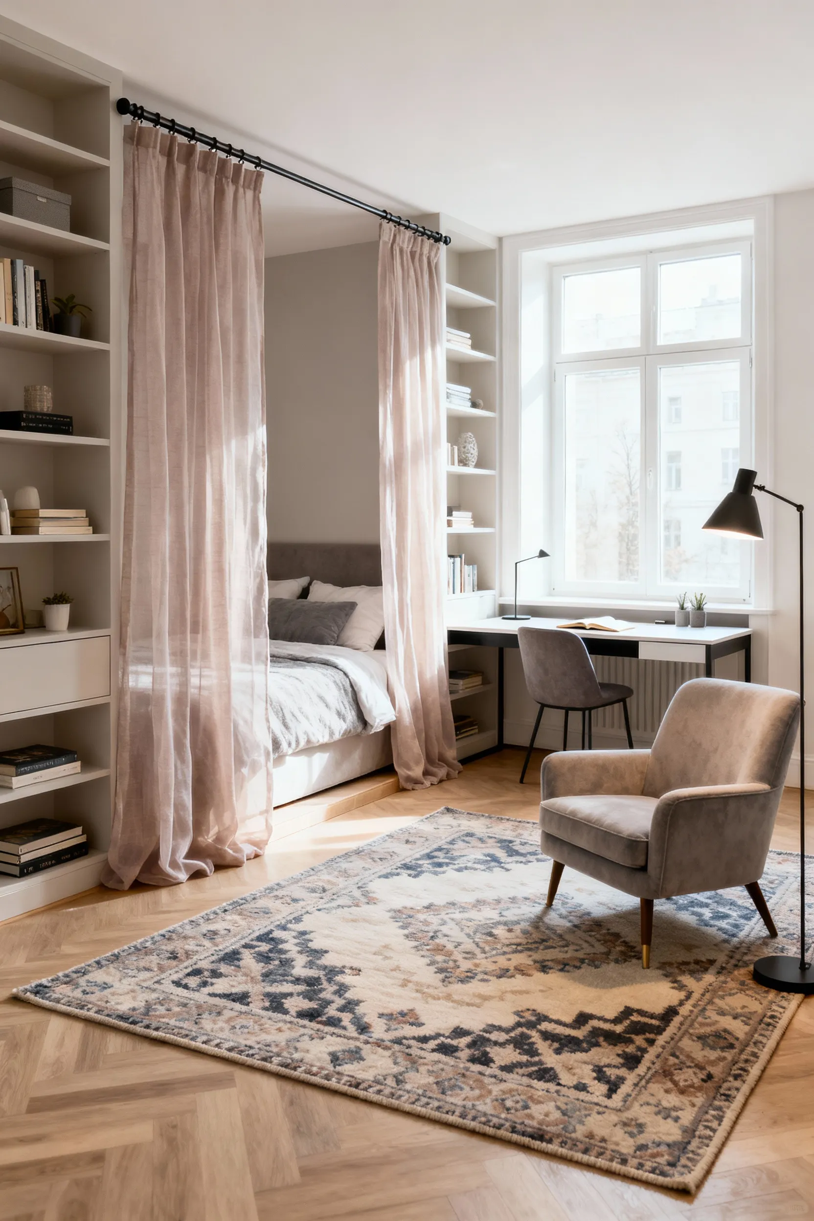 A beautifully segmented bedroom with distinct zones for sleeping, working, and relaxing, achieved using budget-friendly textiles like sheer curtains and layered area rugs, showing multi-functional living without construction.