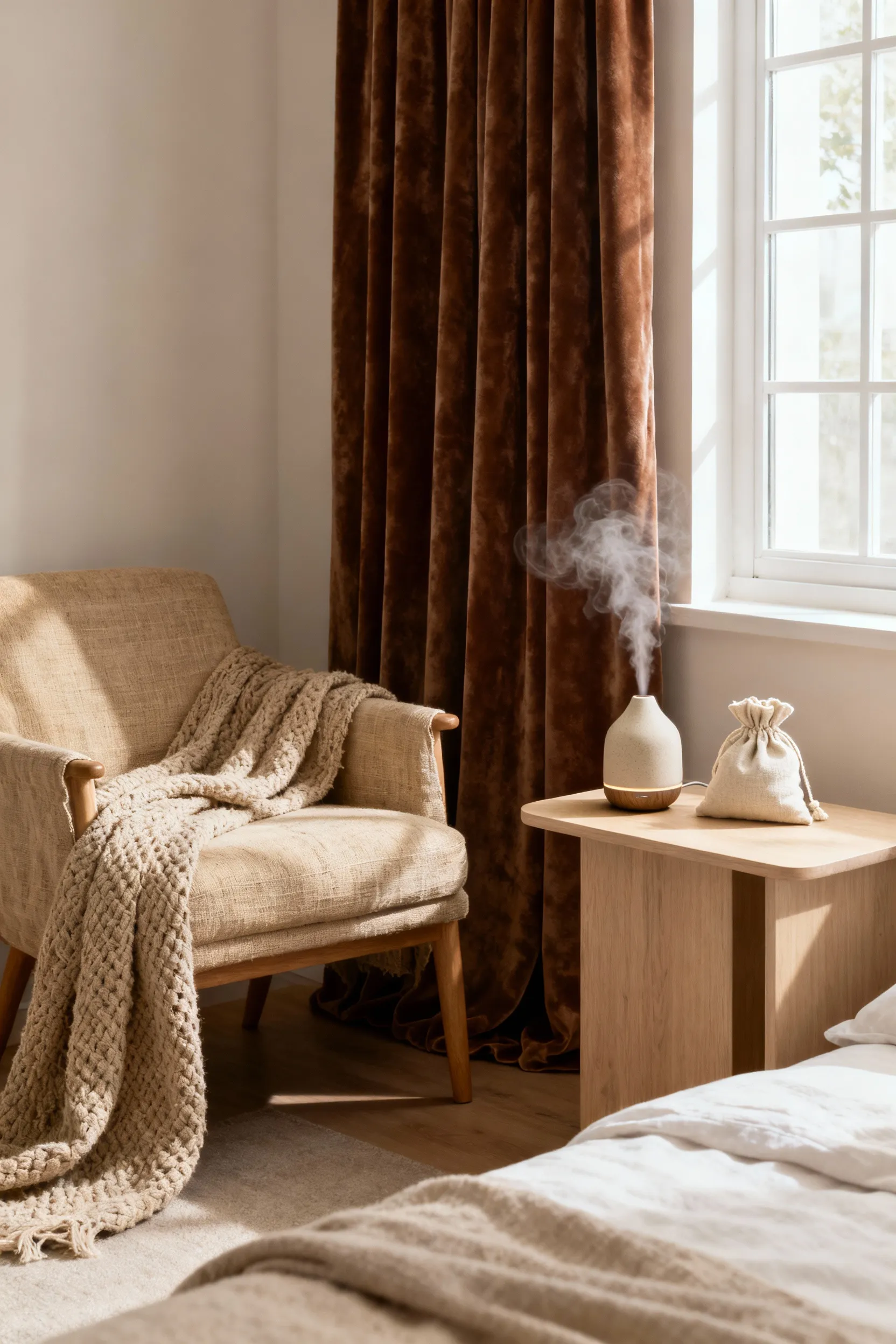 A cozy, serene bedroom corner featuring plush velvet curtains, a linen armchair with a textured throw, a ceramic essential oil diffuser, and a fabric sachet on a minimalist bedside table, illustrating a multisensory bedroom environment.