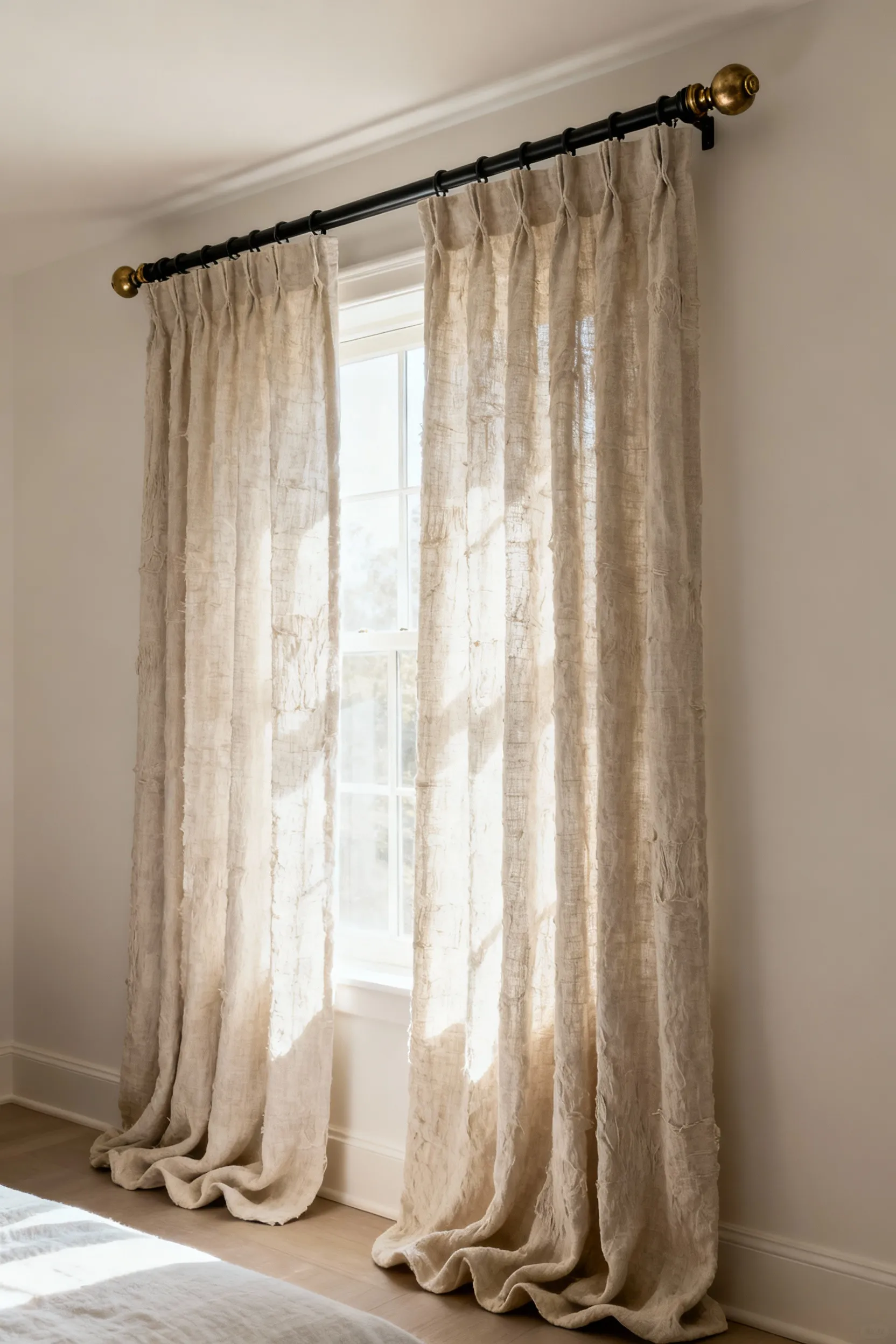 Bespoke window treatments made from fabric remnants and hardware store items, featuring custom curtains on a unique DIY rod with decorative finials, enhancing a bedroom with elegant style.