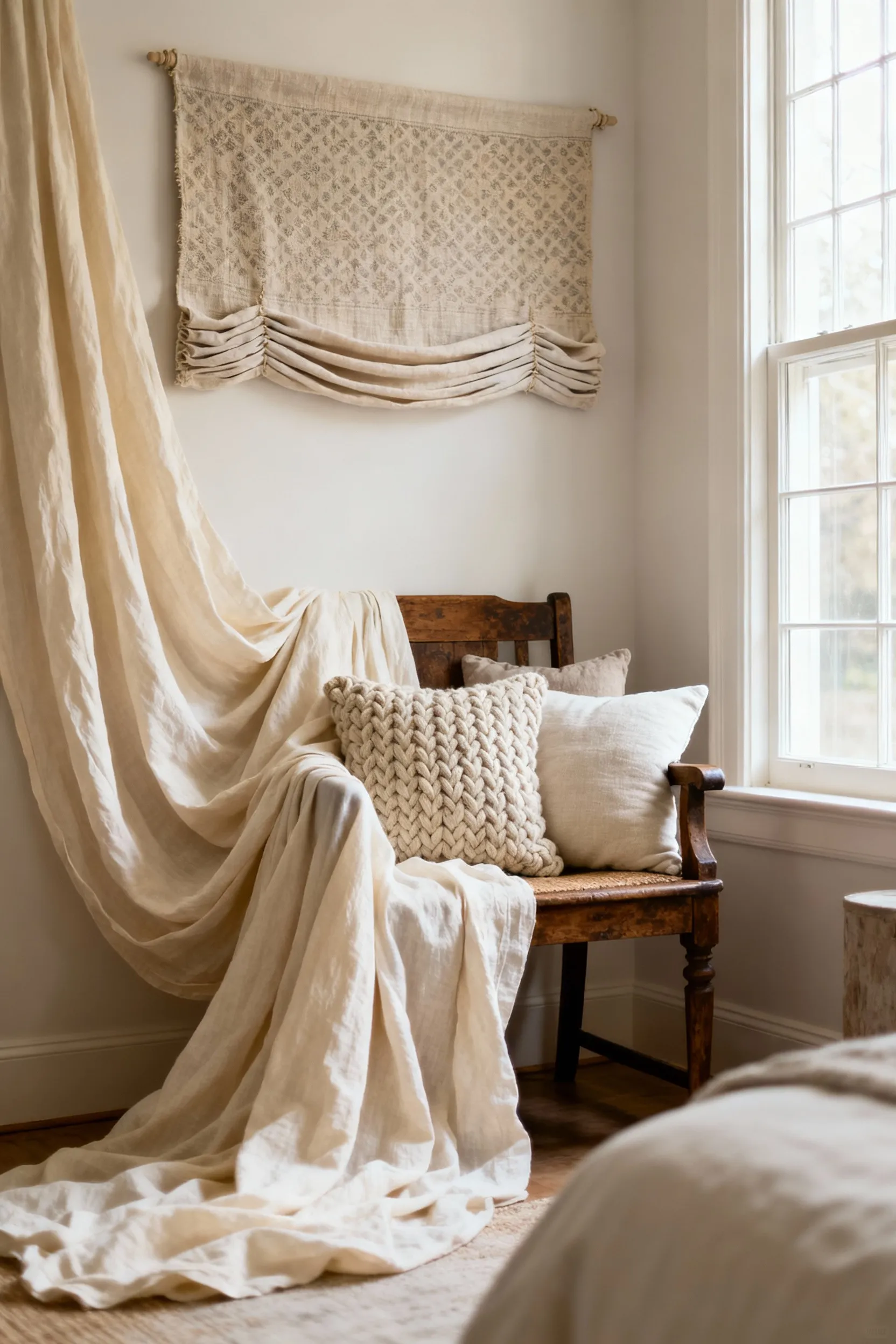 Bedroom corner with an antique chair draped in repurposed cream linen, and a fabric accent wall mimicking a headboard made from a patterned tapestry. Several coordinating throw pillows made from upcycled fabrics add texture.