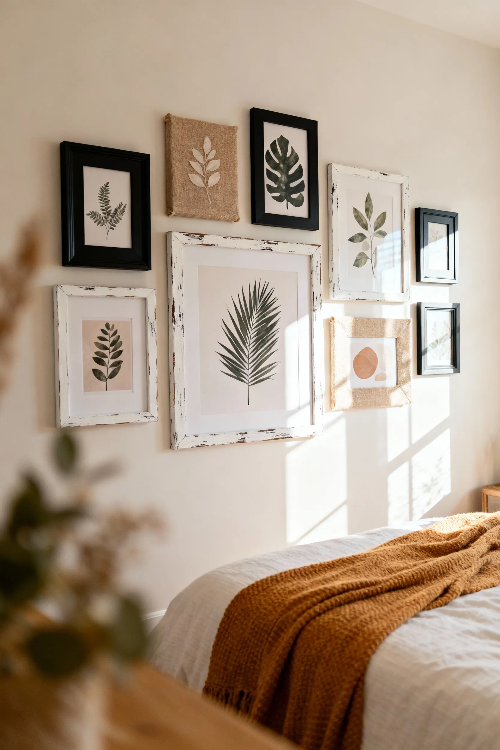 A stylish DIY gallery wall in a cozy bedroom, featuring various sizes of upcycled frames painted in matte black and distressed white, filled with free botanical and abstract art printables, complementing soft grey bedding under warm natural light.