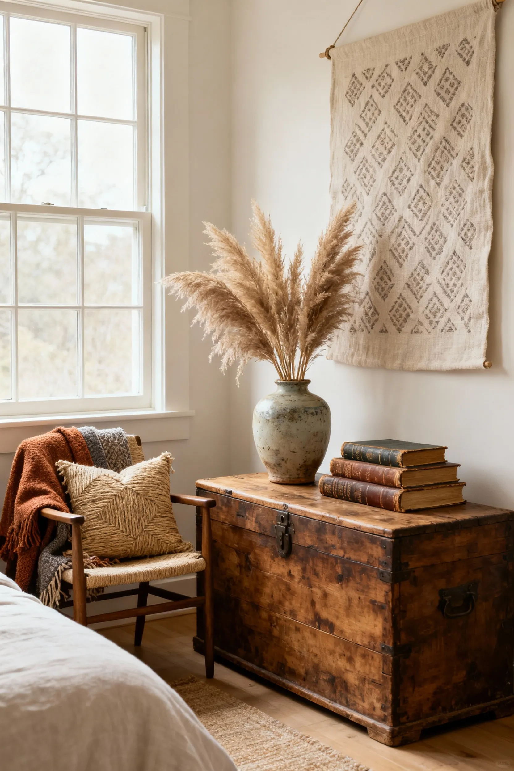 A charming bedroom vignette showcasing various thrifted decorative accents including vintage books, a ceramic vase, fabric art, and natural fiber throw pillows on a rustic chest and chair.