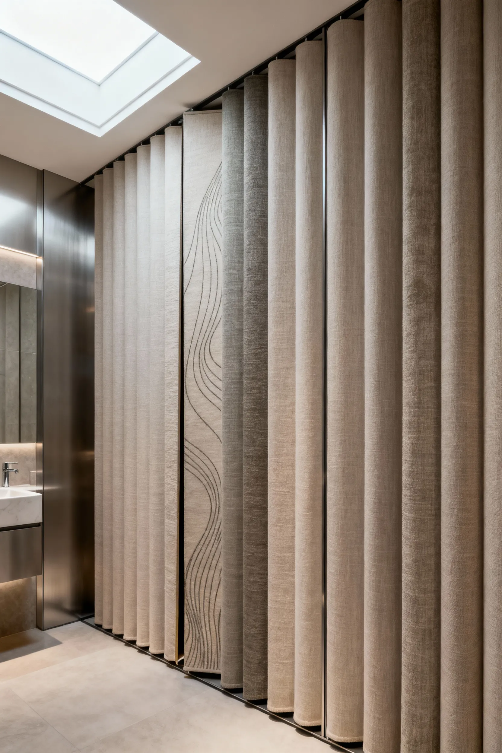 Luxury bathroom featuring vertical rotational textile panels for seasonal design changes. The panels have a subtle biophilic pattern and are seamlessly integrated into the wall, showcasing adaptive high-end decor.