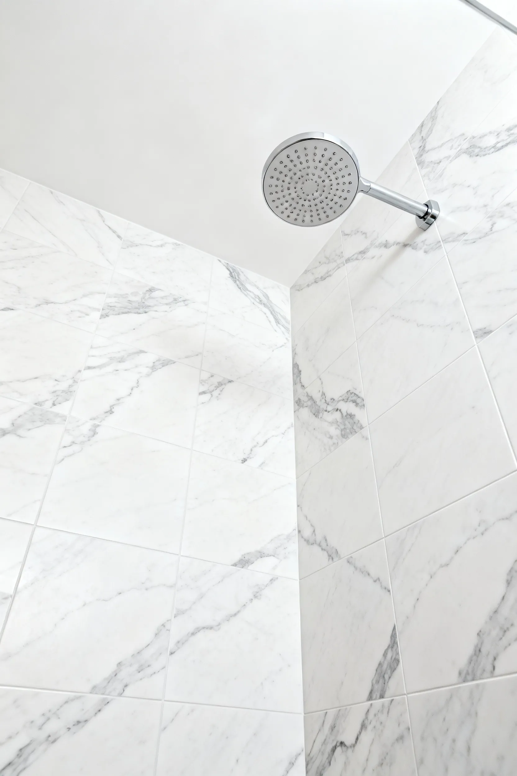 Luxury bathroom shower wall featuring large-format, book-matched porcelain stoneware tiles that replicate Statuario marble, showcasing seamless design and minimal grout lines, enhancing a modern bathscape.