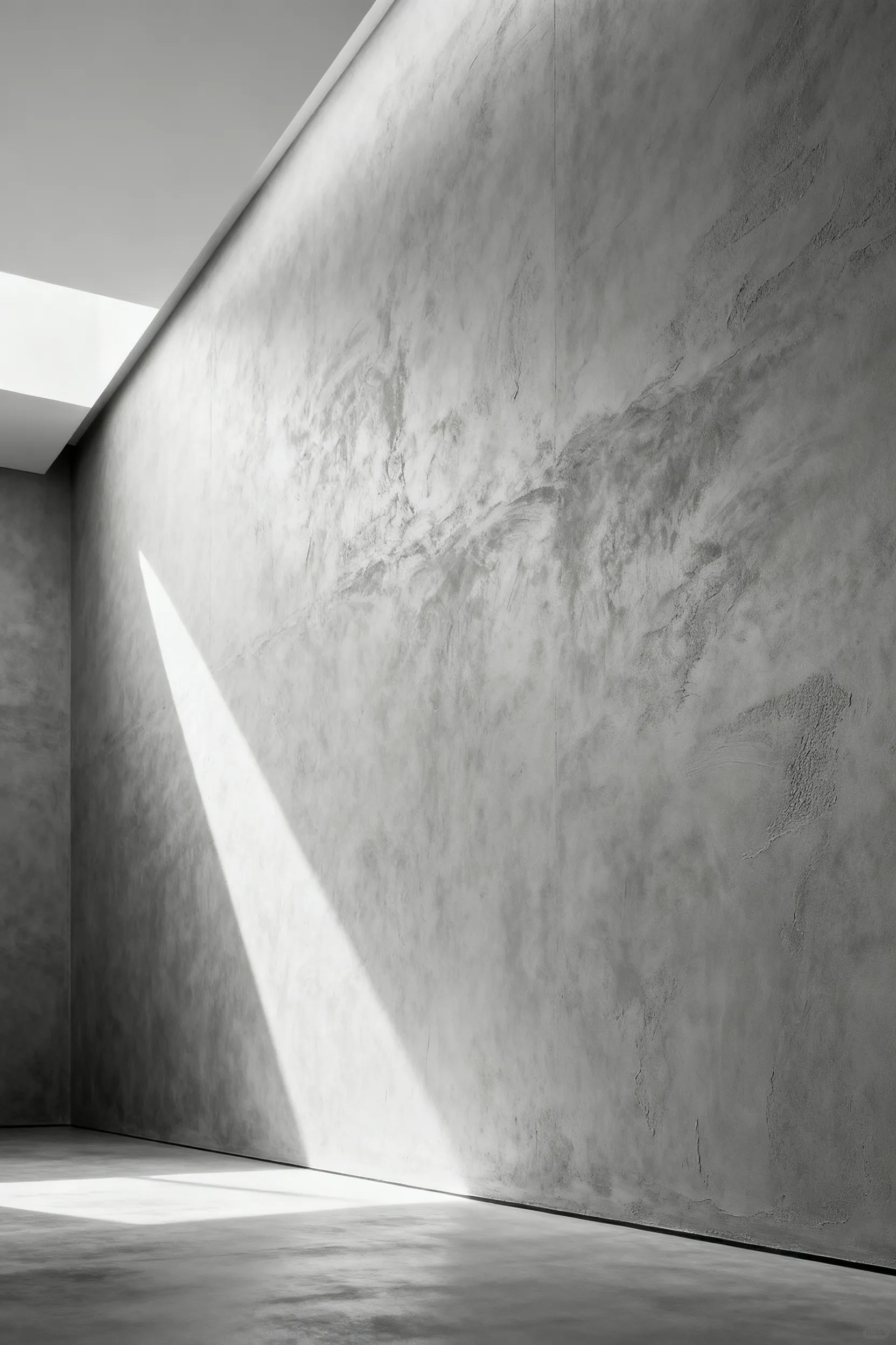 Close-up of a contemporary bathroom wall showcasing a smooth, monolithic light grey microcement finish. The seamless surface extends without grout lines, highlighting its sleek texture and modern aesthetic.