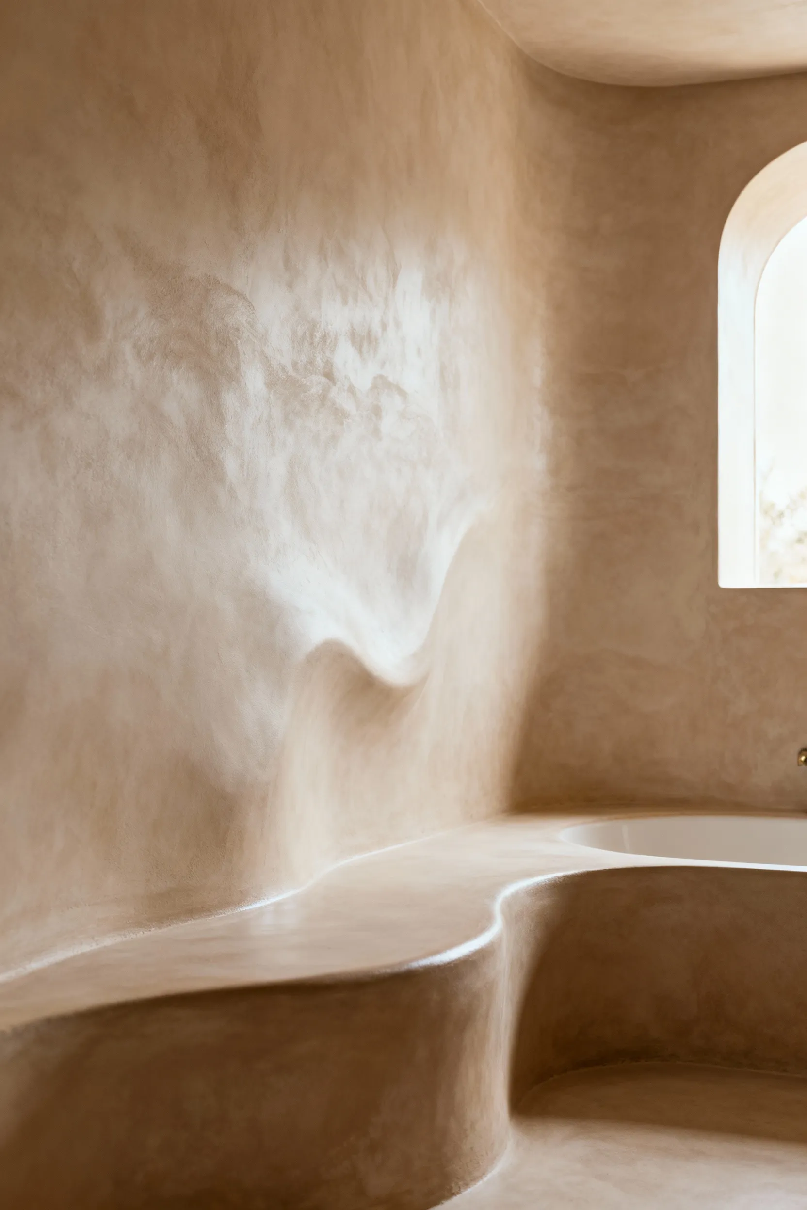 Luxurious Tadelakt bathroom wall with seamless, polished Moroccan lime plaster texture and soft lighting