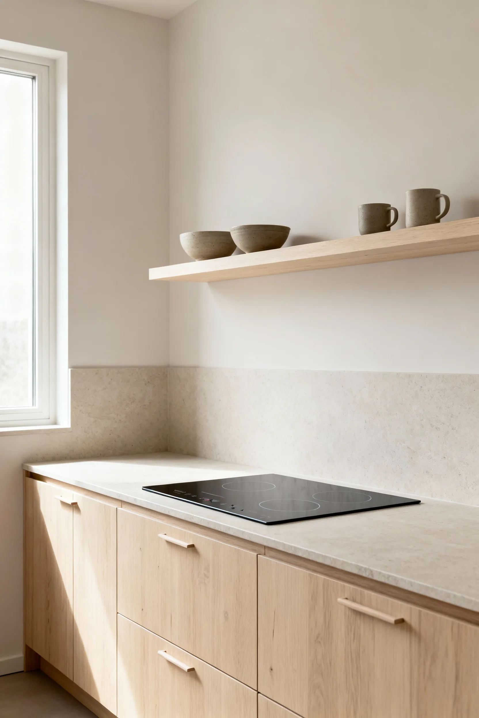 Bright, minimalist Scandinavian kitchen with light wood cabinetry, honed stone countertops, integrated induction hob, and open shelving featuring ceramic bowls. Natural light fills the serene, clutter-free space.