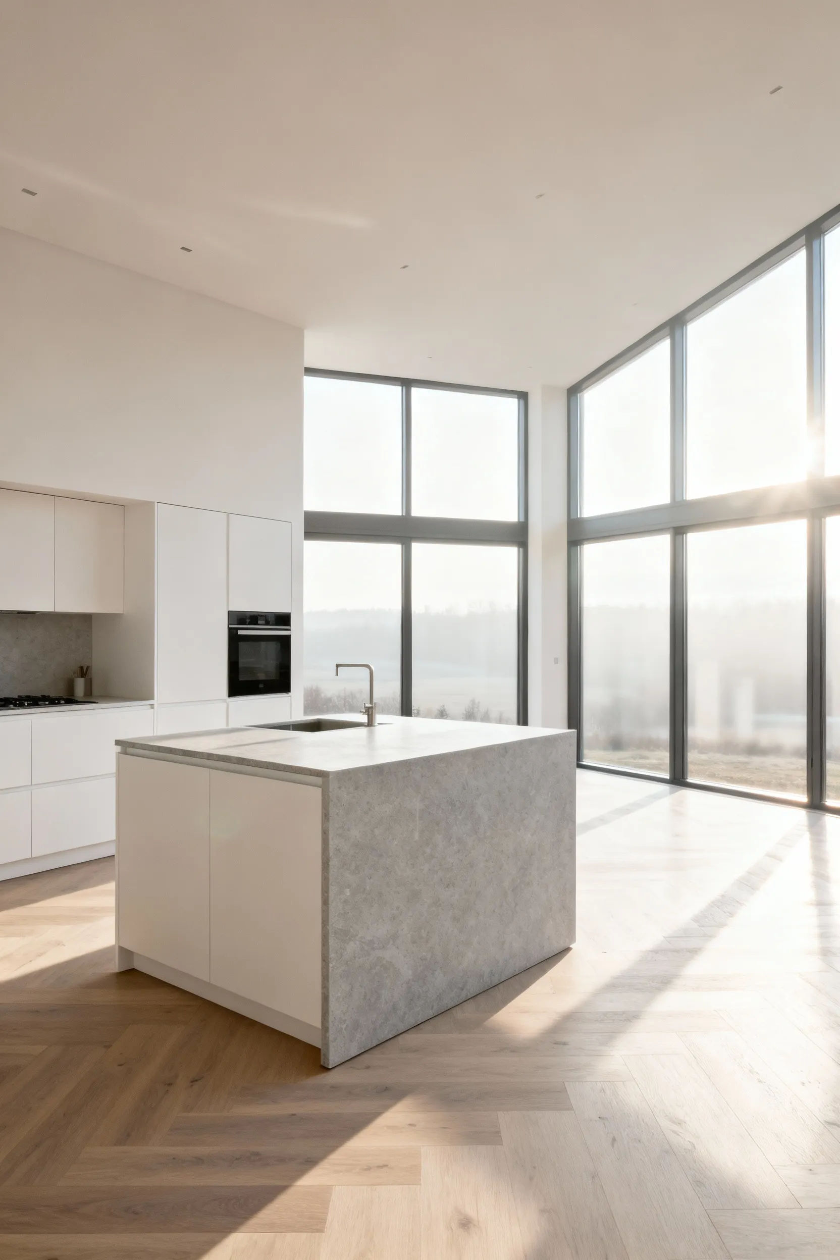 Bright Scandinavian kitchen with floor-to-ceiling windows, white cabinets, and light wood floors, bathed in natural daylight.