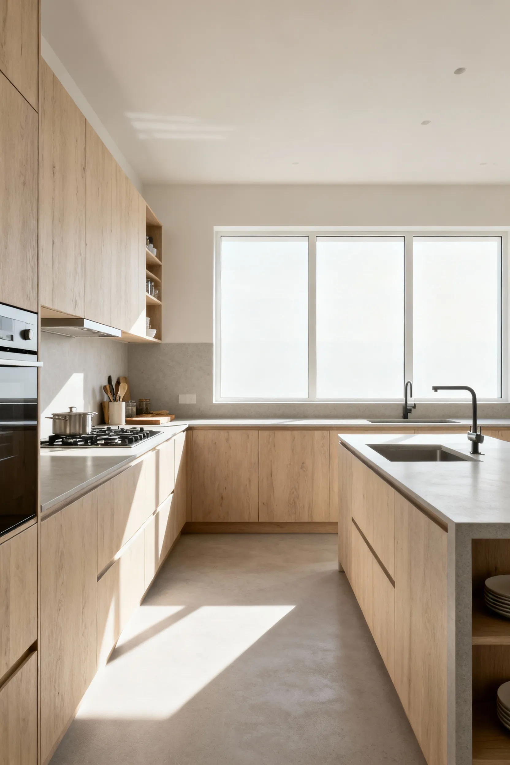 Full view of a Scandinavian kitchen showcasing intelligent zone planning, light wood cabinetry, matte quartz countertops, and ergonomic workflow.