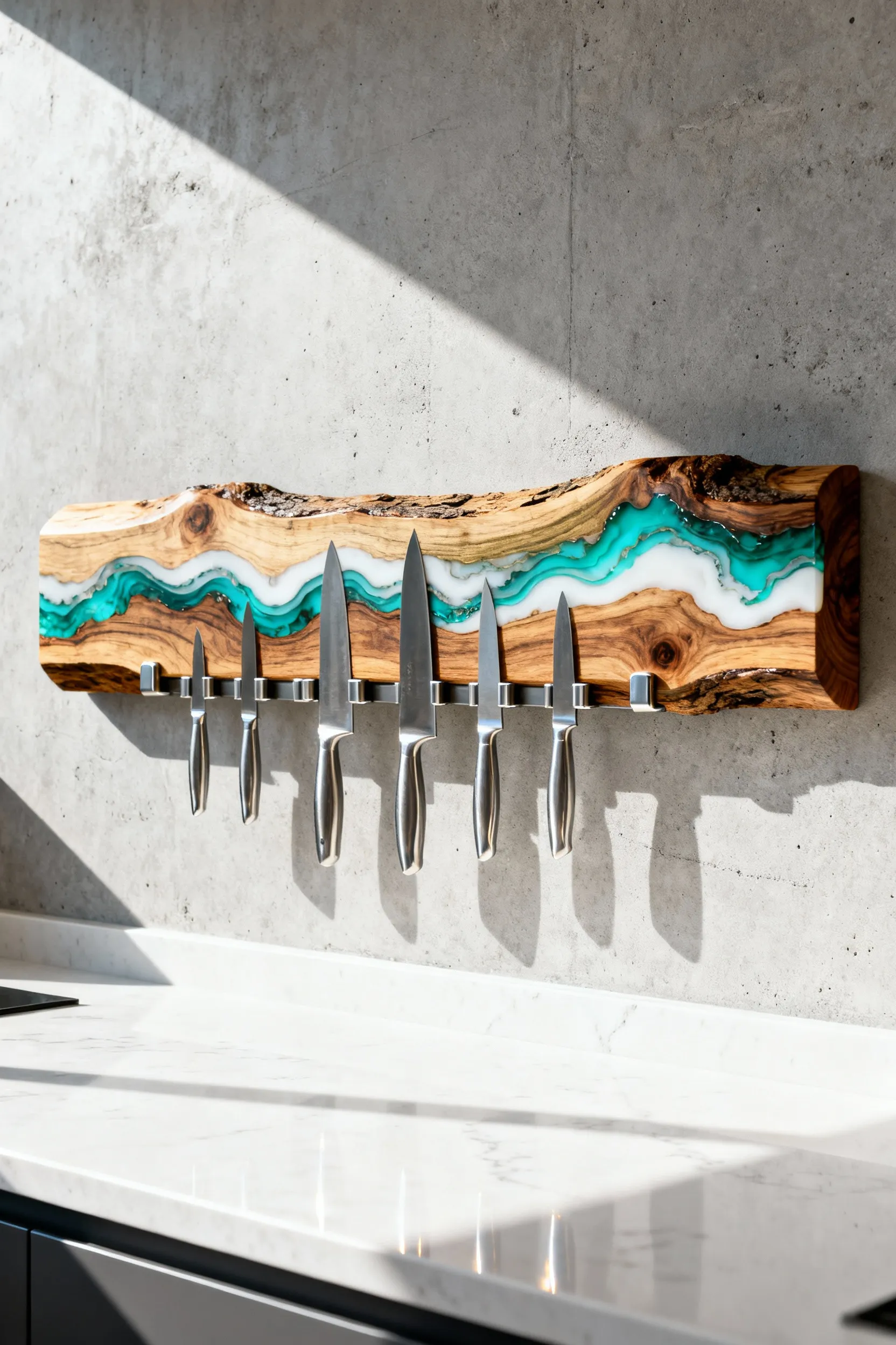 A photograph showcasing a live-edge olive wood magnetic knife bar with turquoise epoxy resin detailing mounted on a gray concrete kitchen wall, serving as modern sculptural decor.