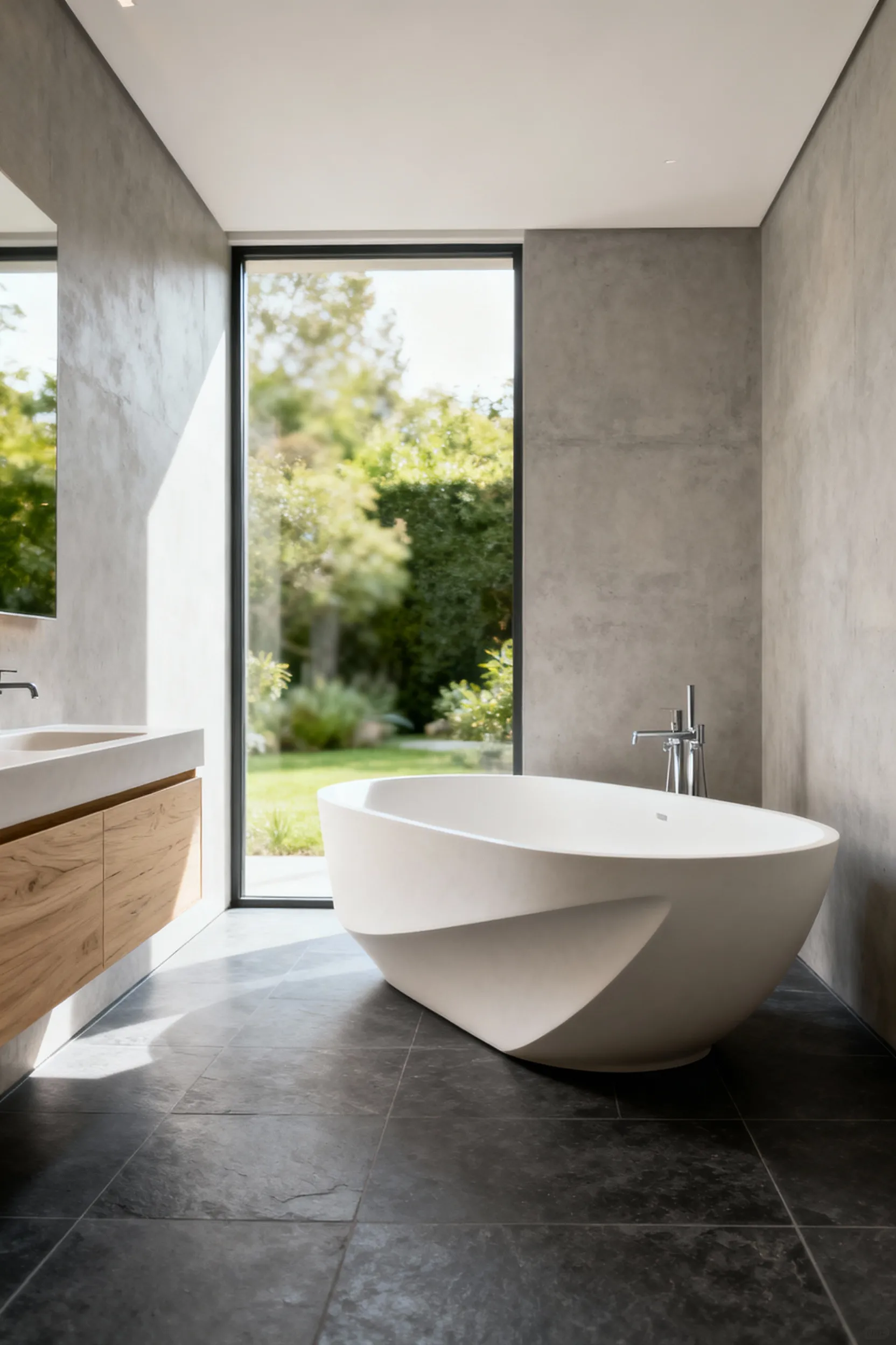 Modern minimalist bathroom featuring a seamless, sculptural matte white stone resin bathtub with razor-thin edges, set against polished concrete walls and light oak wood accents.