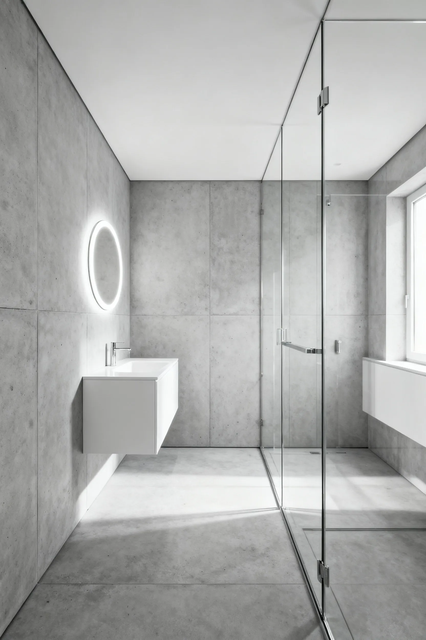 A small modern bathroom where uniform light-grey tile runs seamlessly from the floor up the walls and across the ceiling to visually expand the compact space.