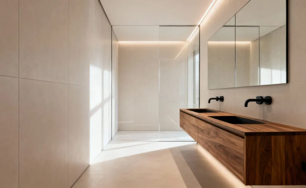A minimalist modern luxury bathroom showcasing large-format, light gray porcelain slabs covering the walls for a seamless, monolithic look that maximizes spatial continuity.
