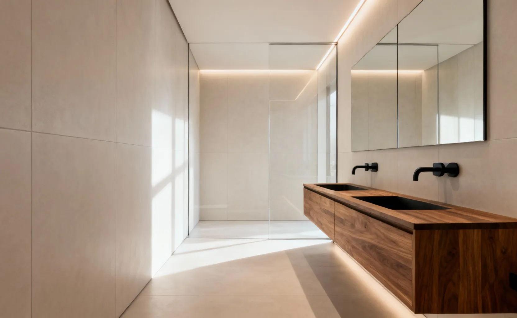 A minimalist modern luxury bathroom showcasing large-format, light gray porcelain slabs covering the walls for a seamless, monolithic look that maximizes spatial continuity.