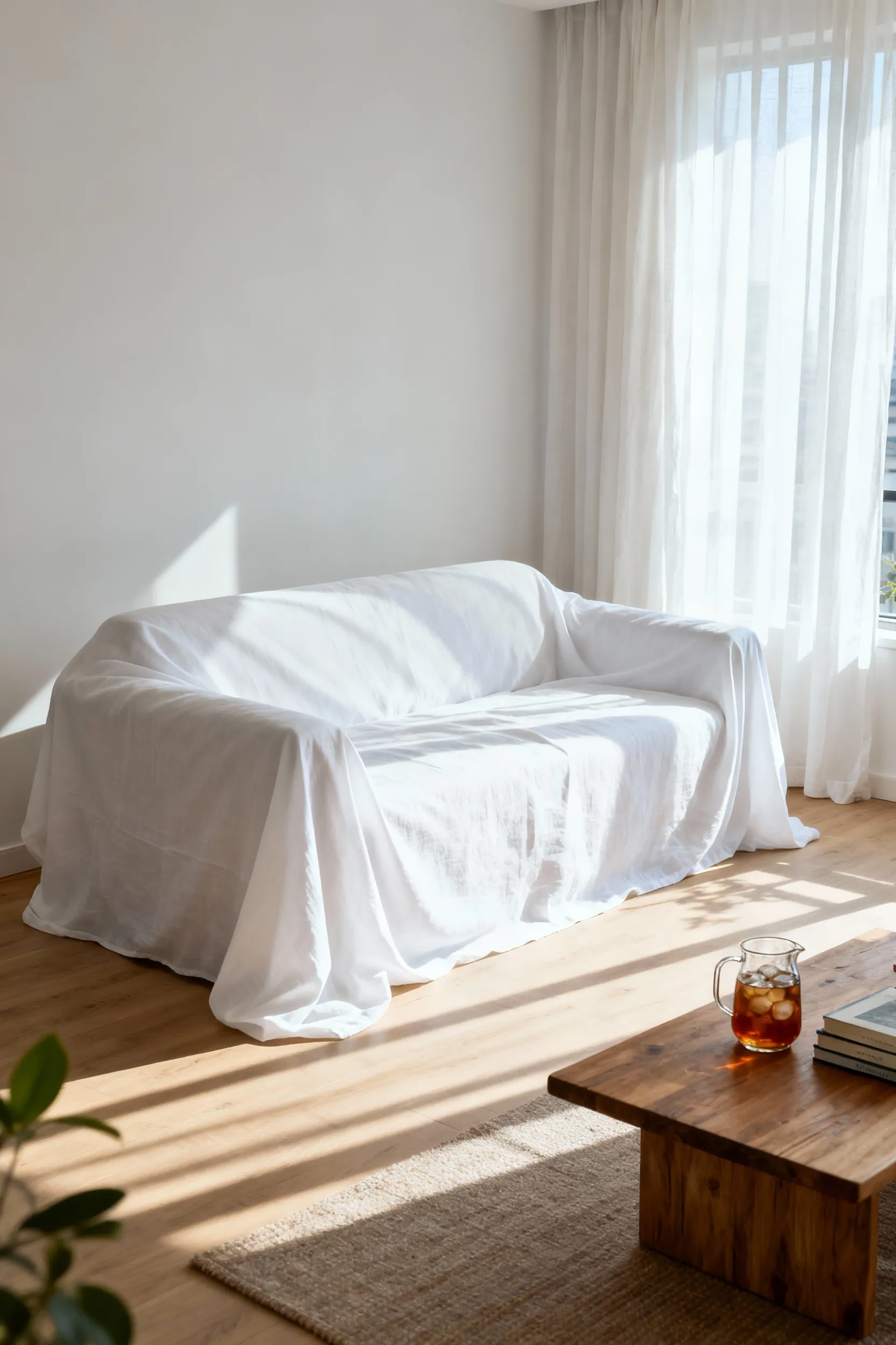 A bright, cozy apartment living room featuring a sofa covered in a crisp, breathable white cotton slipcover optimized for summer comfort and cooling.
