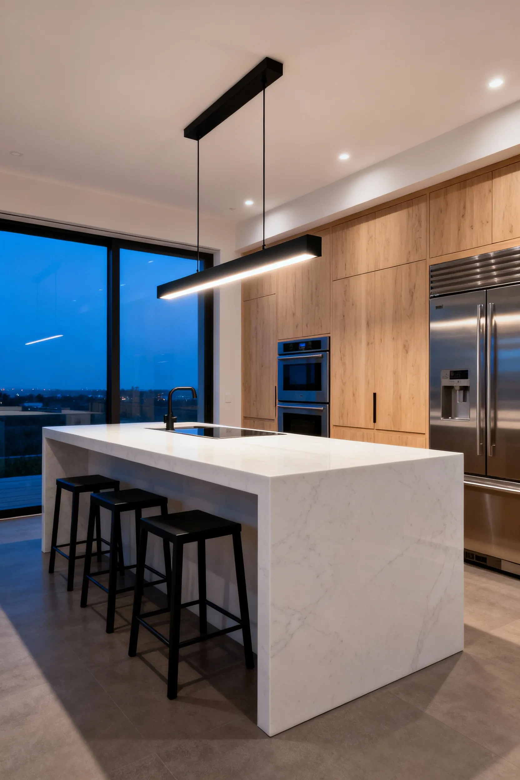 Sleek matte black linear suspension light fixture centered over a white quartz kitchen island in a contemporary kitchen with a low ceiling, illustrating a cohesive lighting design choice.