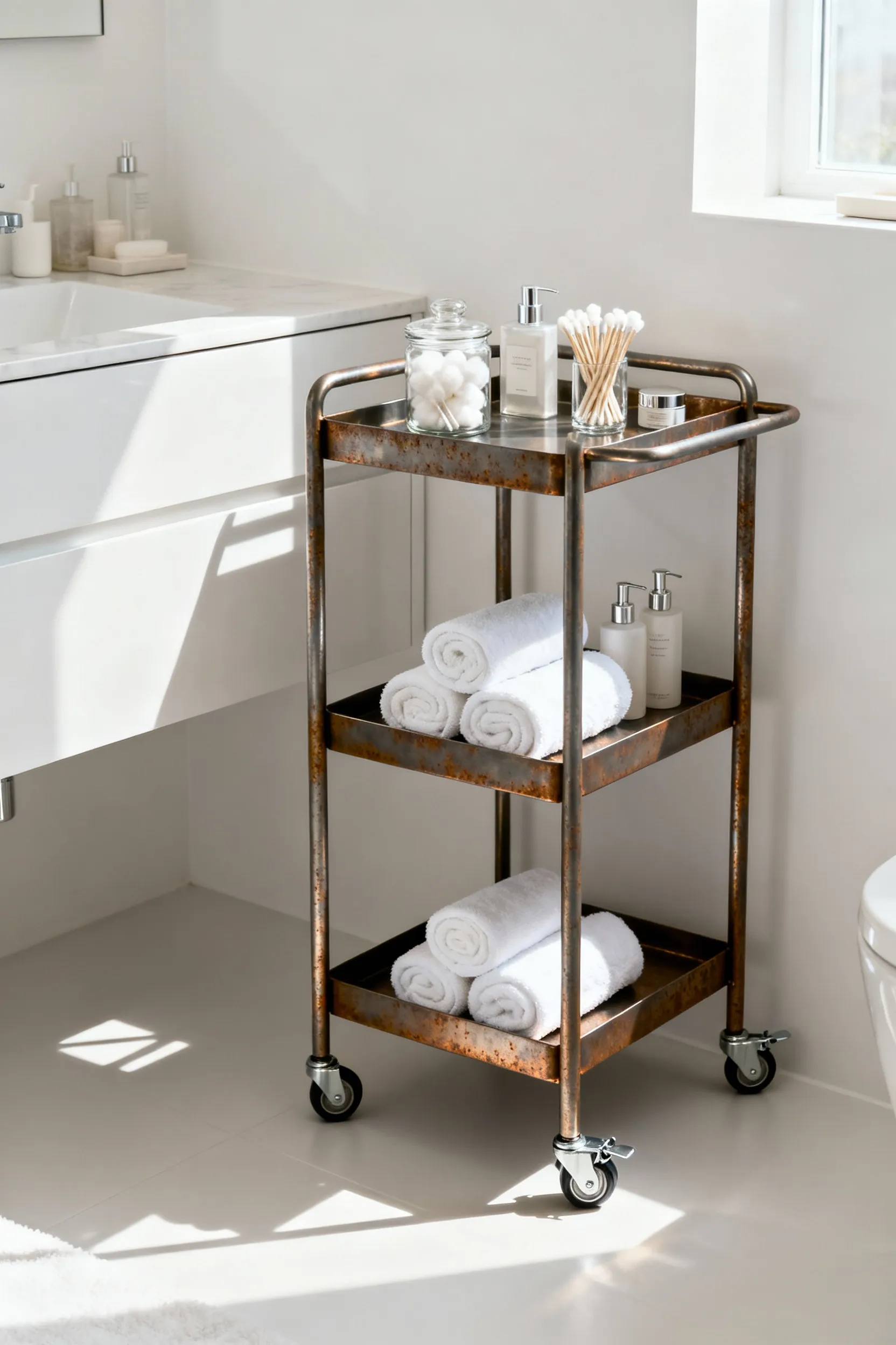 A slim, modern, three-tier stainless steel utility cart with locking wheels, neatly organized with white towels and toiletries, integrated into a clean, small bathroom next to a vanity.