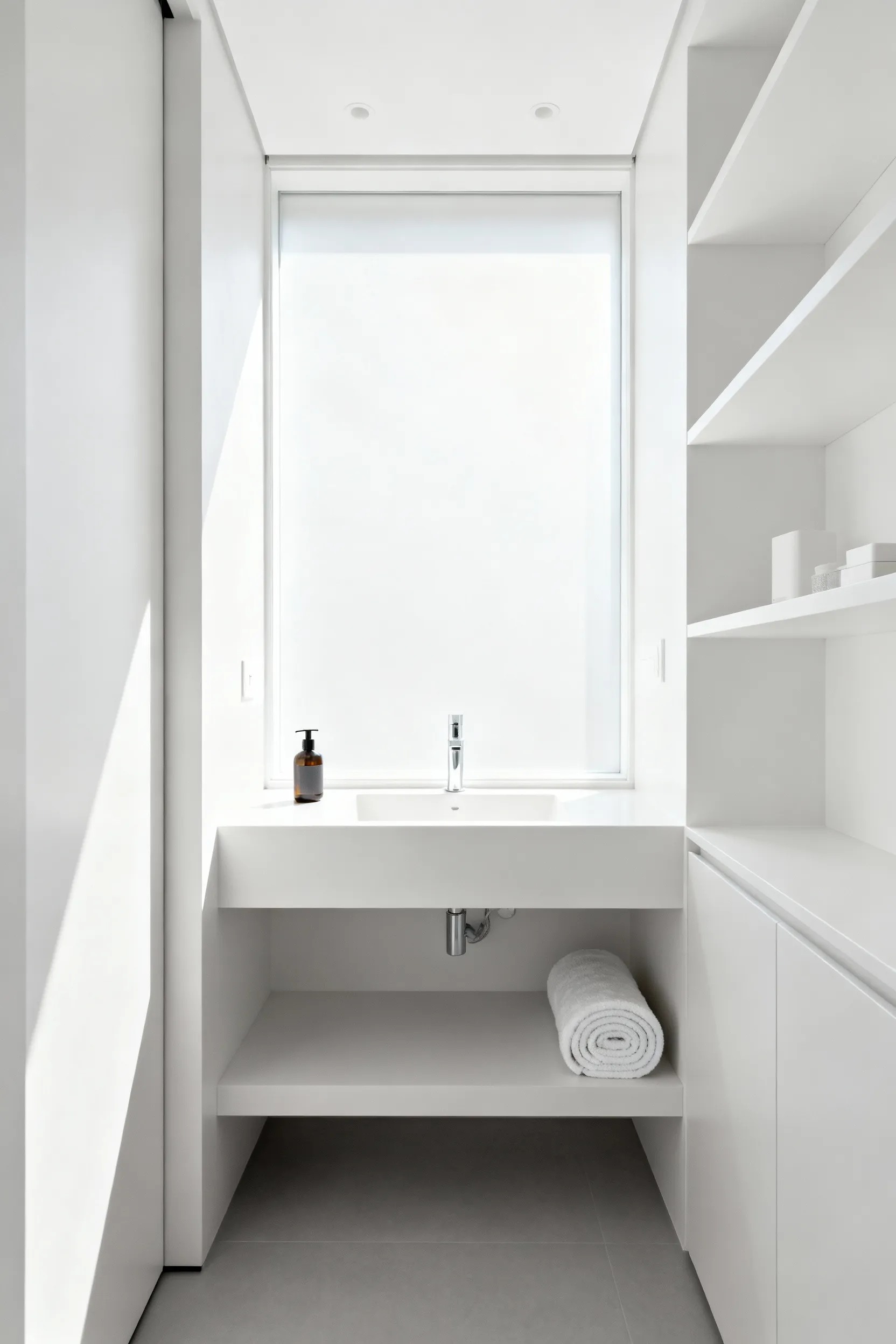 A pristine, decluttered small modern bathroom featuring minimalist design, bright natural light, and ample clear surface space, with a few neatly arranged essentials, emphasizing spatial clarity and organization after a rigorous decluttering process.