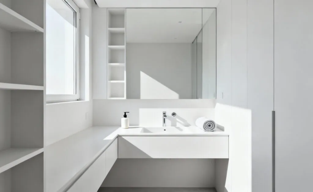 A pristine, decluttered small modern bathroom featuring minimalist design, bright natural light, and ample clear surface space, with a few neatly arranged essentials, emphasizing spatial clarity and organization after a rigorous decluttering process.