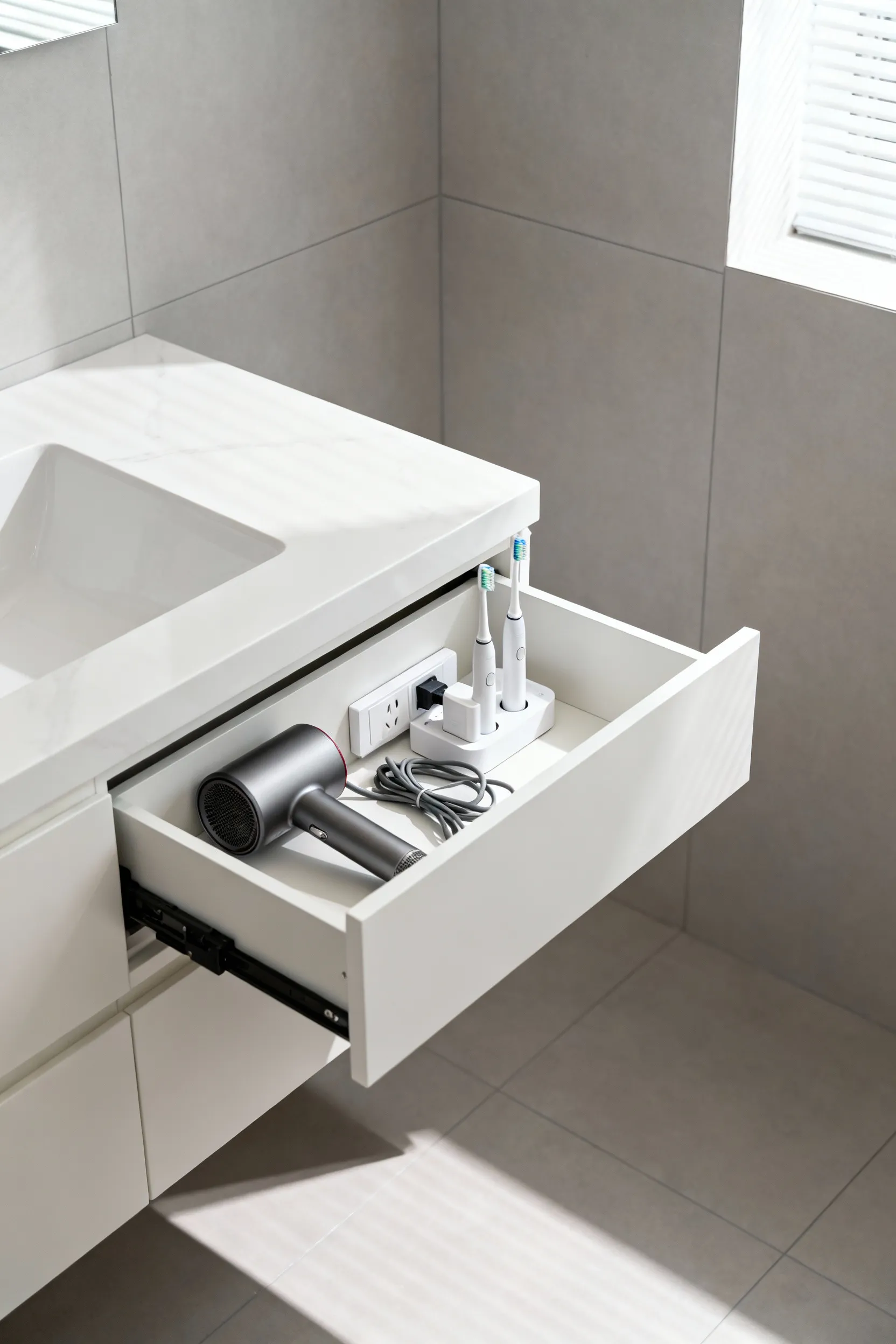 A shallow vanity drawer in a small bathroom open to show a compact internal power outlet integration system (docking drawer) with a plugged-in hair dryer and toothbrush charger.